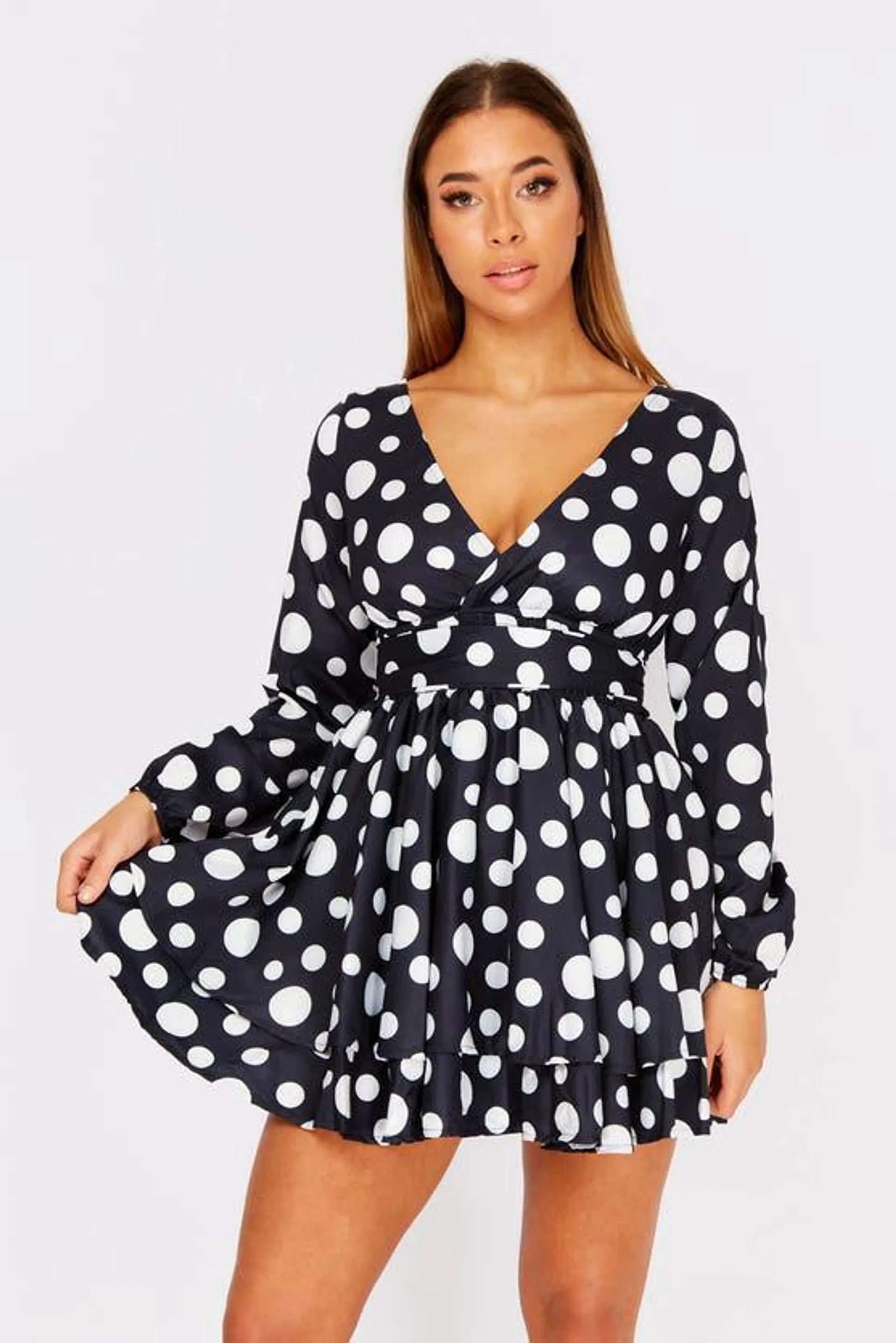 Black Polka Dot Long Sleeve Mini Dress With Layd Details