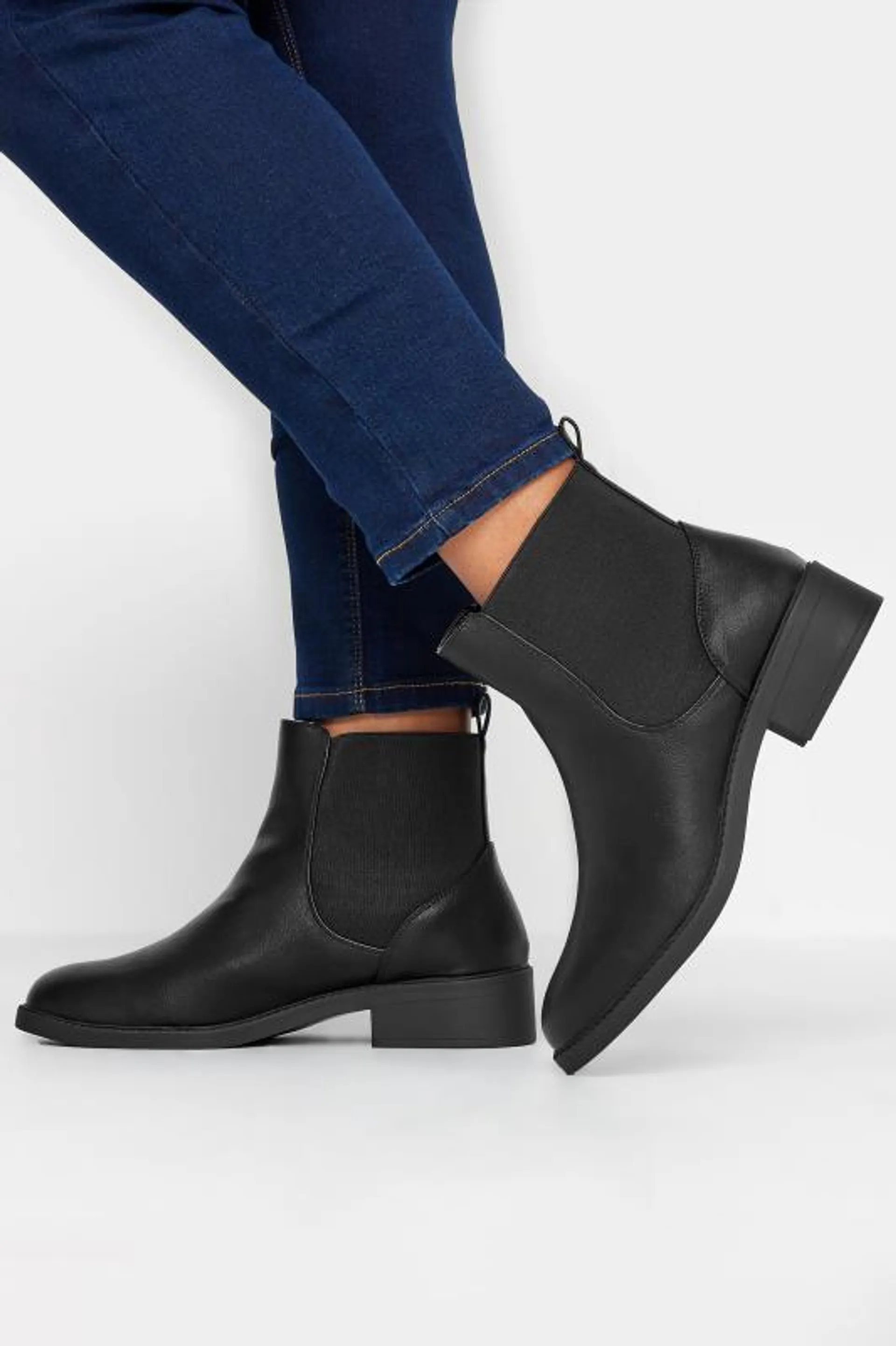 Black Faux Leather Elasticated Chelsea Boots In Wide E Fit & Extra Wide EEE Fit