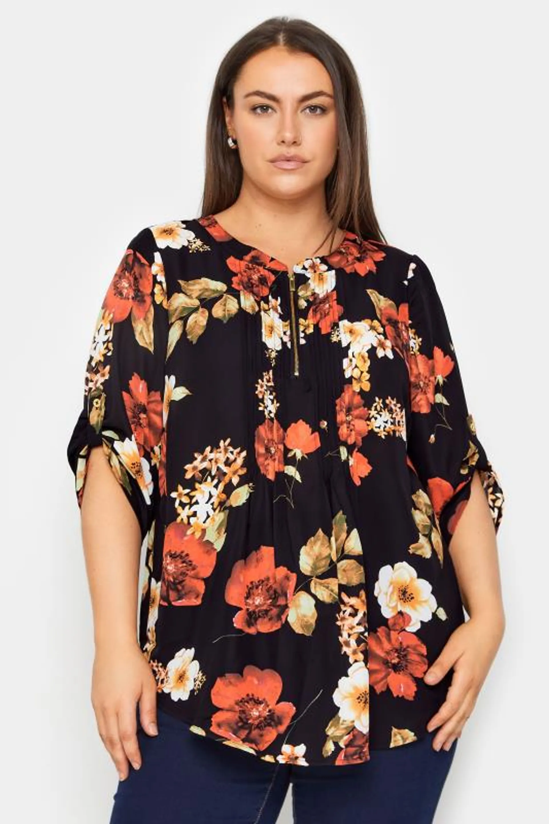 Avenue Black Floral Print Zip Front Pintuck Blouse