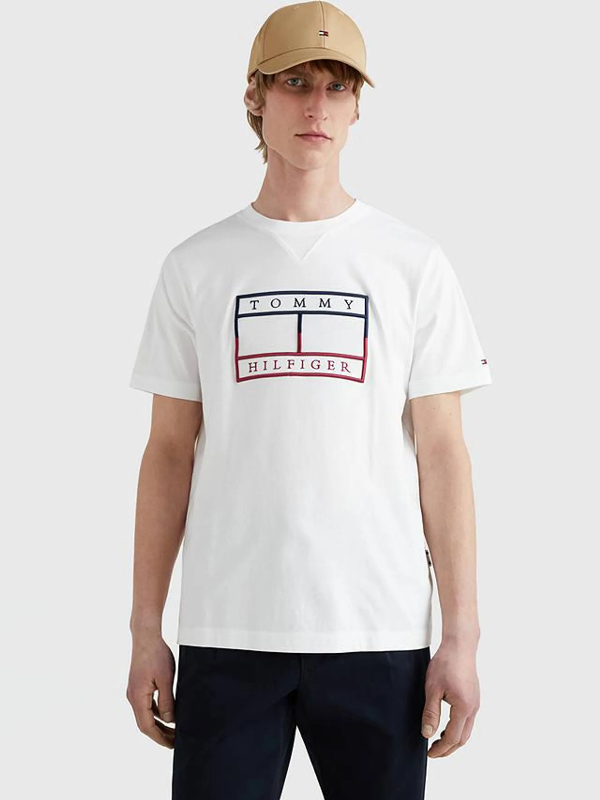 Tommy Hilfiger Linear Flag Logo Organic Cotton T-Shirt, White