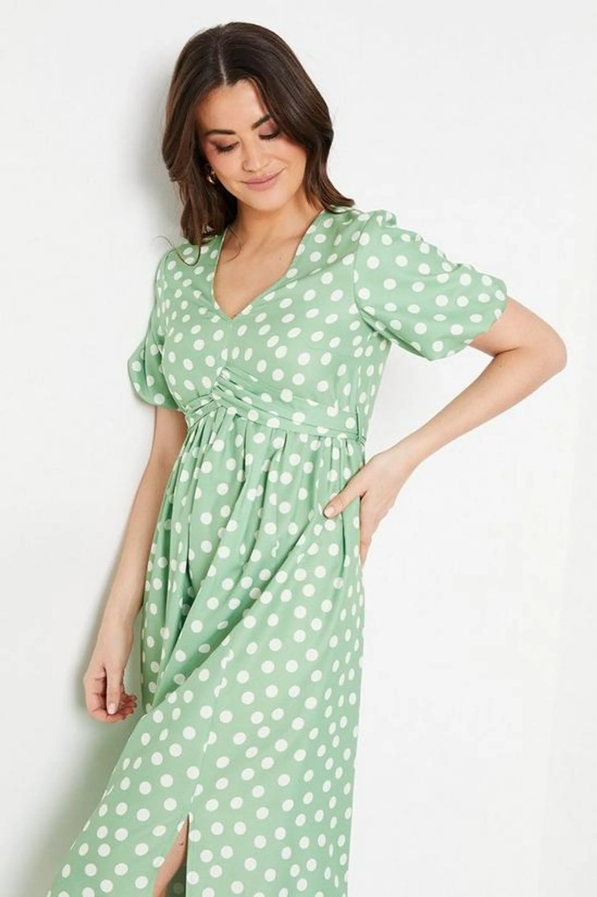 Spot Print Tie Front Puff Sleeve Midi Dress