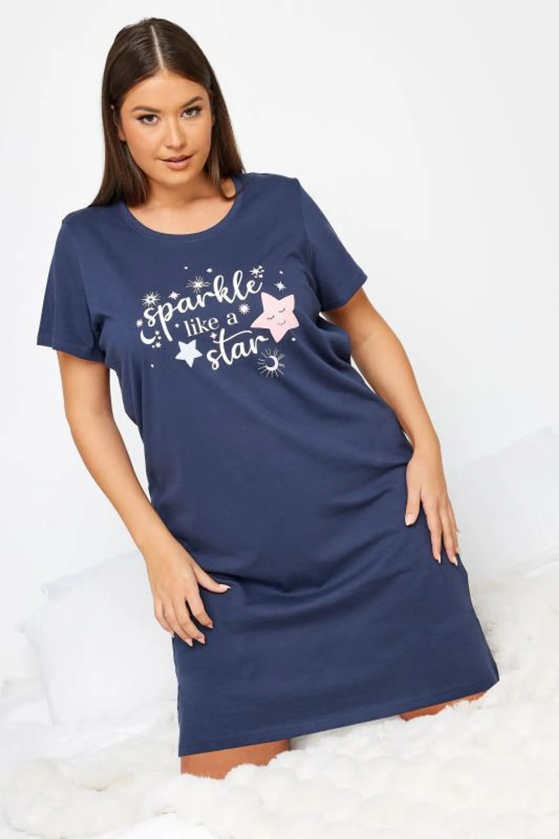 YOURS Curve Navy Blue 'Sparkle Like A Star' Slogan Nightdress