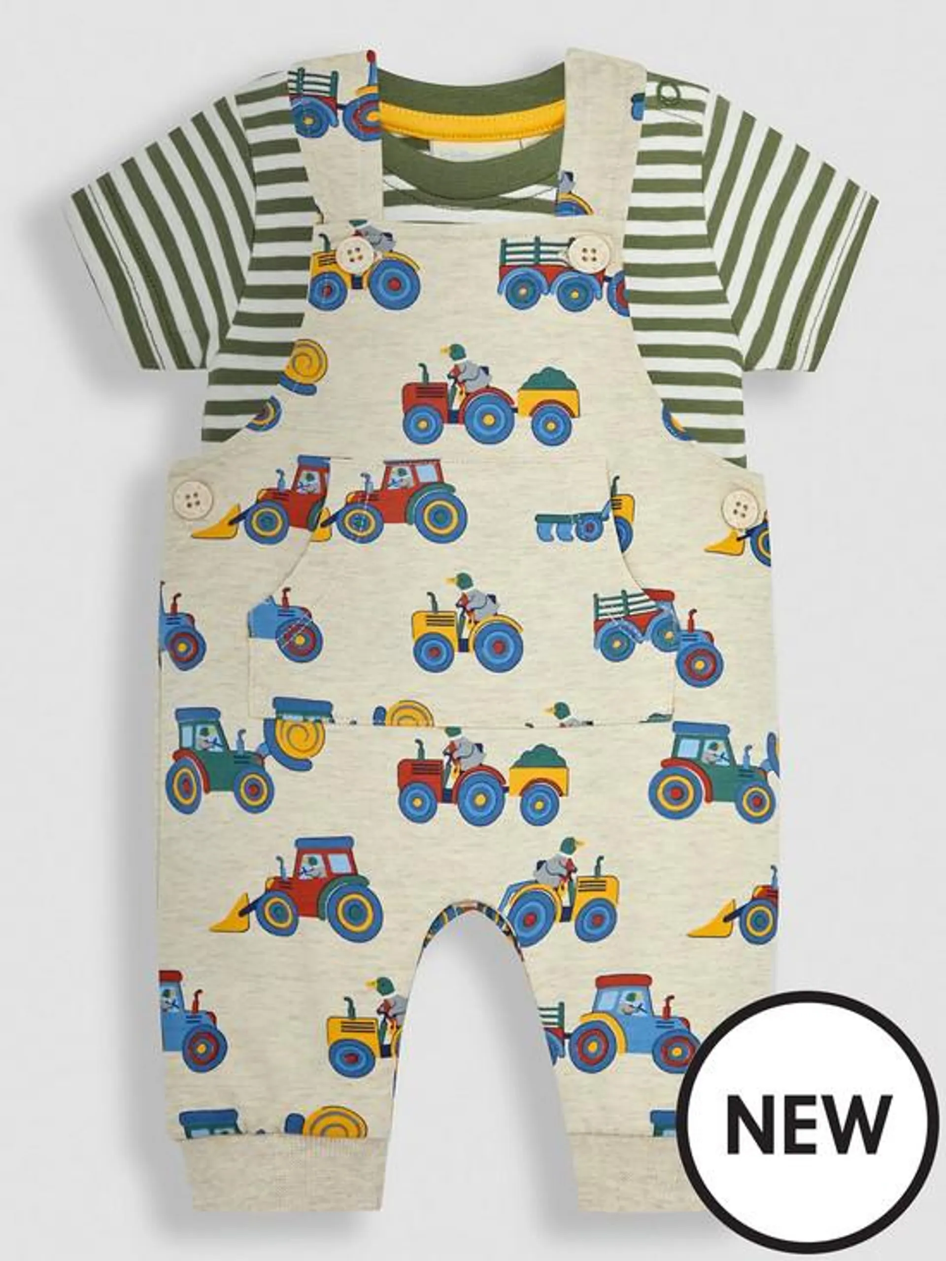JoJo Maman Bebe Boys 2-Piece Farm Vehicles Dungarees & T-Shirt Set - Beige