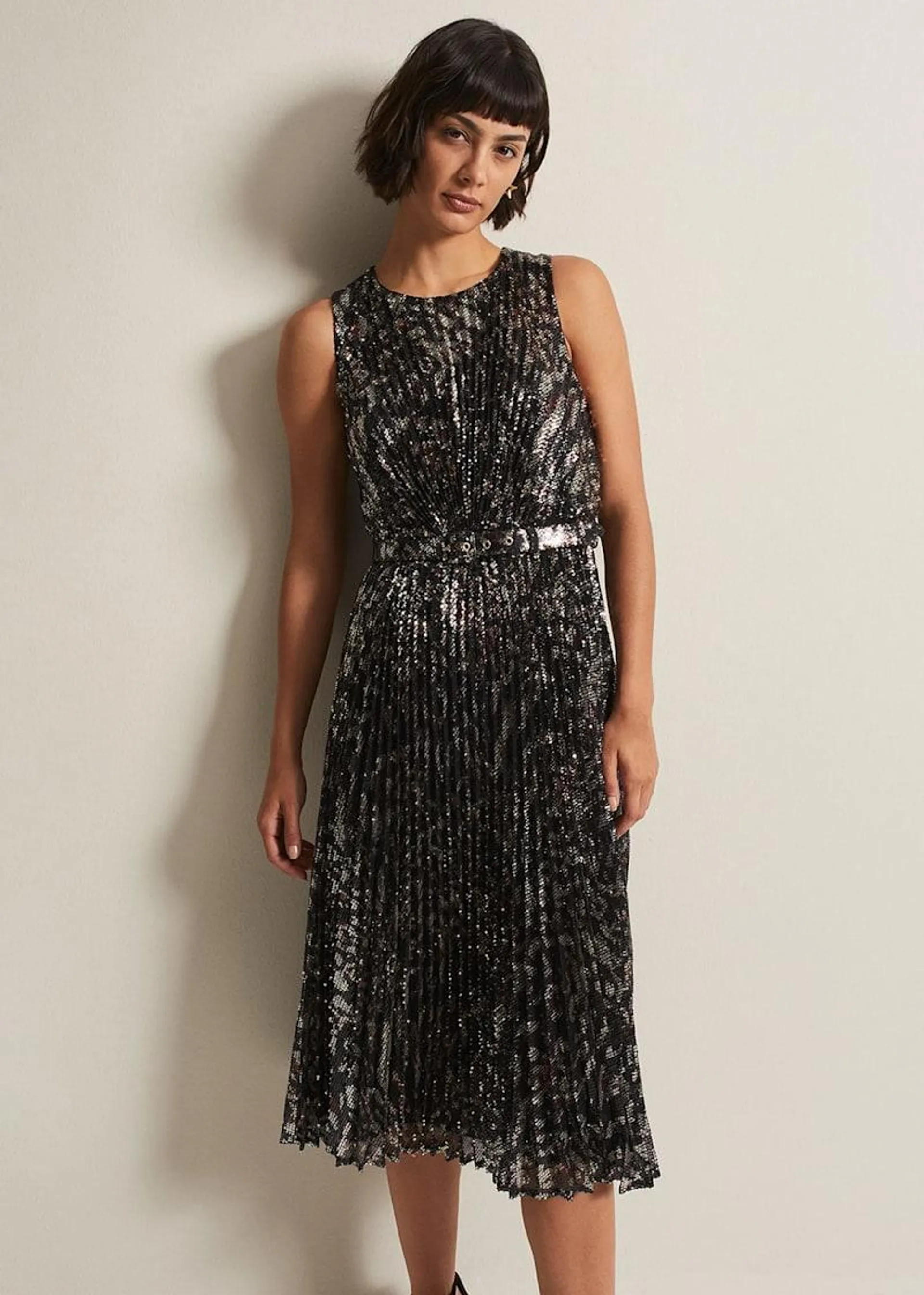 Simara Leopard Sequin Pleated Midi Dress