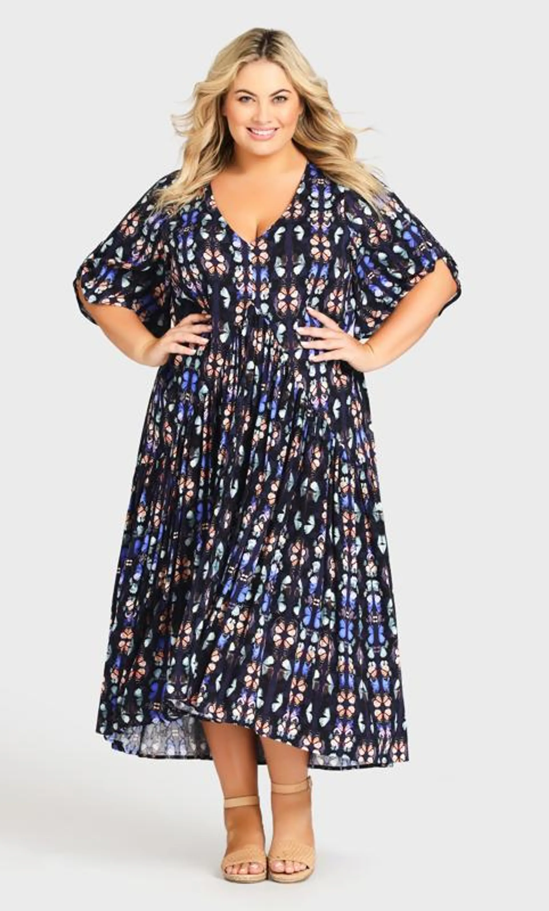 Avenue Black & Blue Butterfly Print Midi Dress