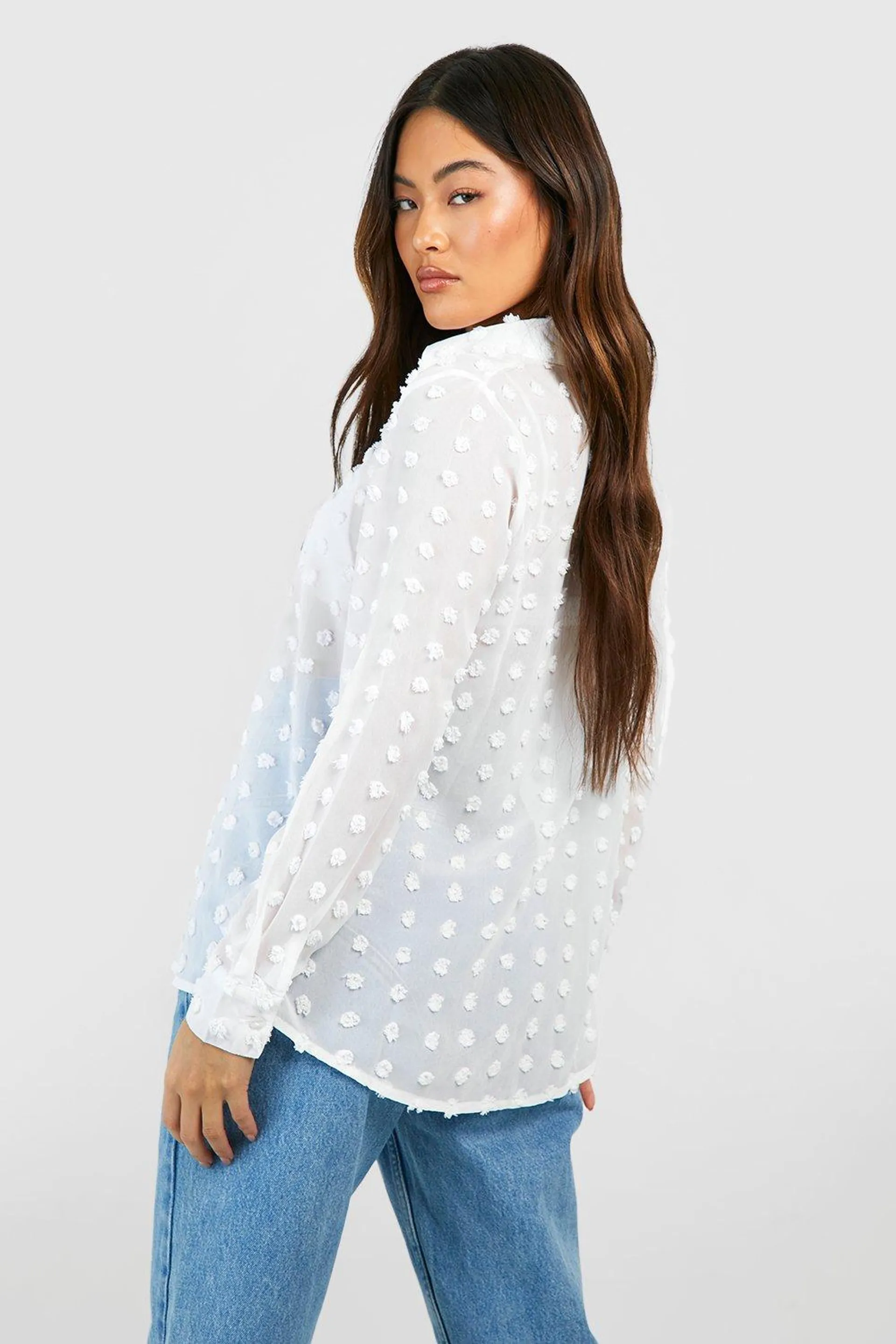 Cream Textured Spot Oversized Shirt