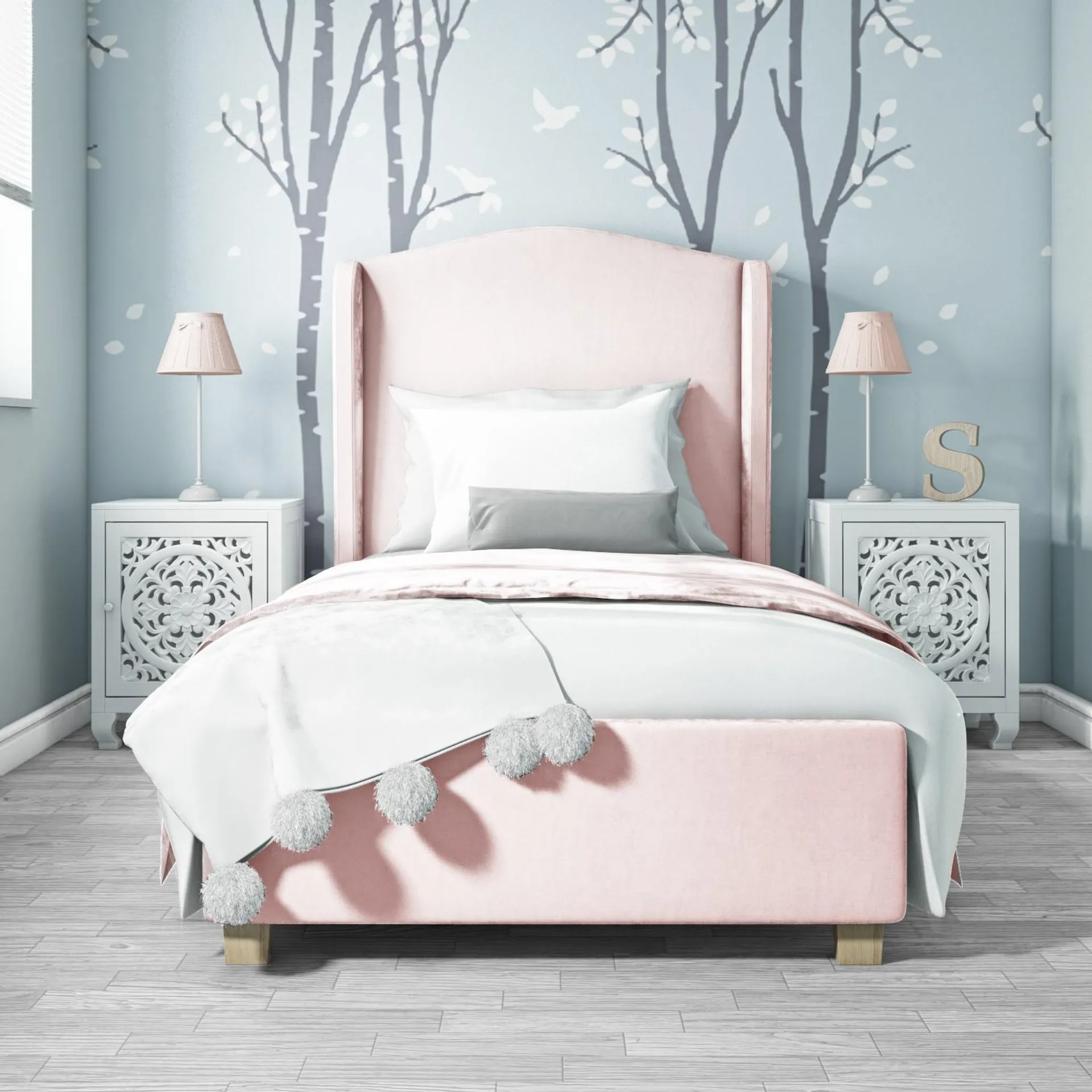 Pink Velvet Upholstered Single Bed Frame with High Winged Headboard - Safina