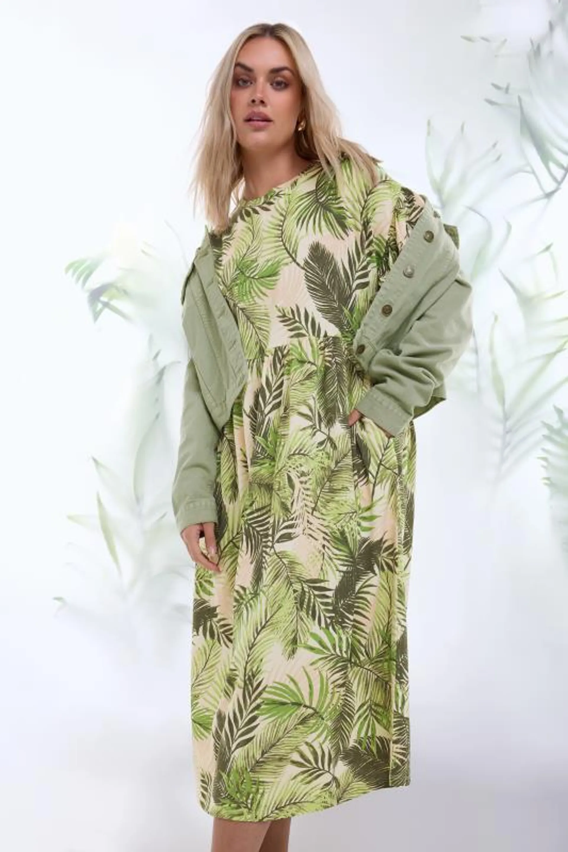 YOURS Curve Green Tropical Print Pure Cotton Midaxi Dress