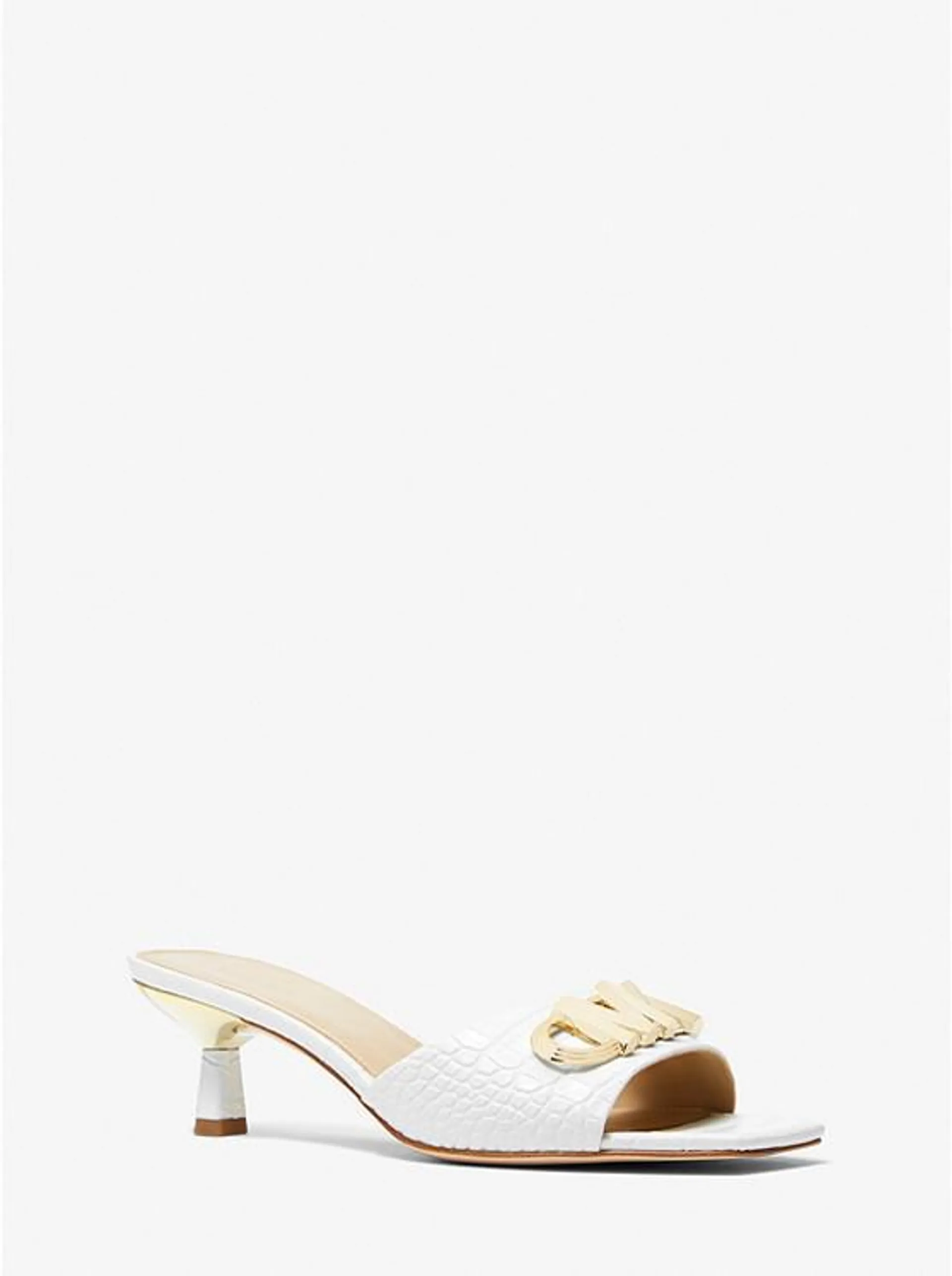 Amal Embellished Crocodile Embossed Leather Kitten Sandal