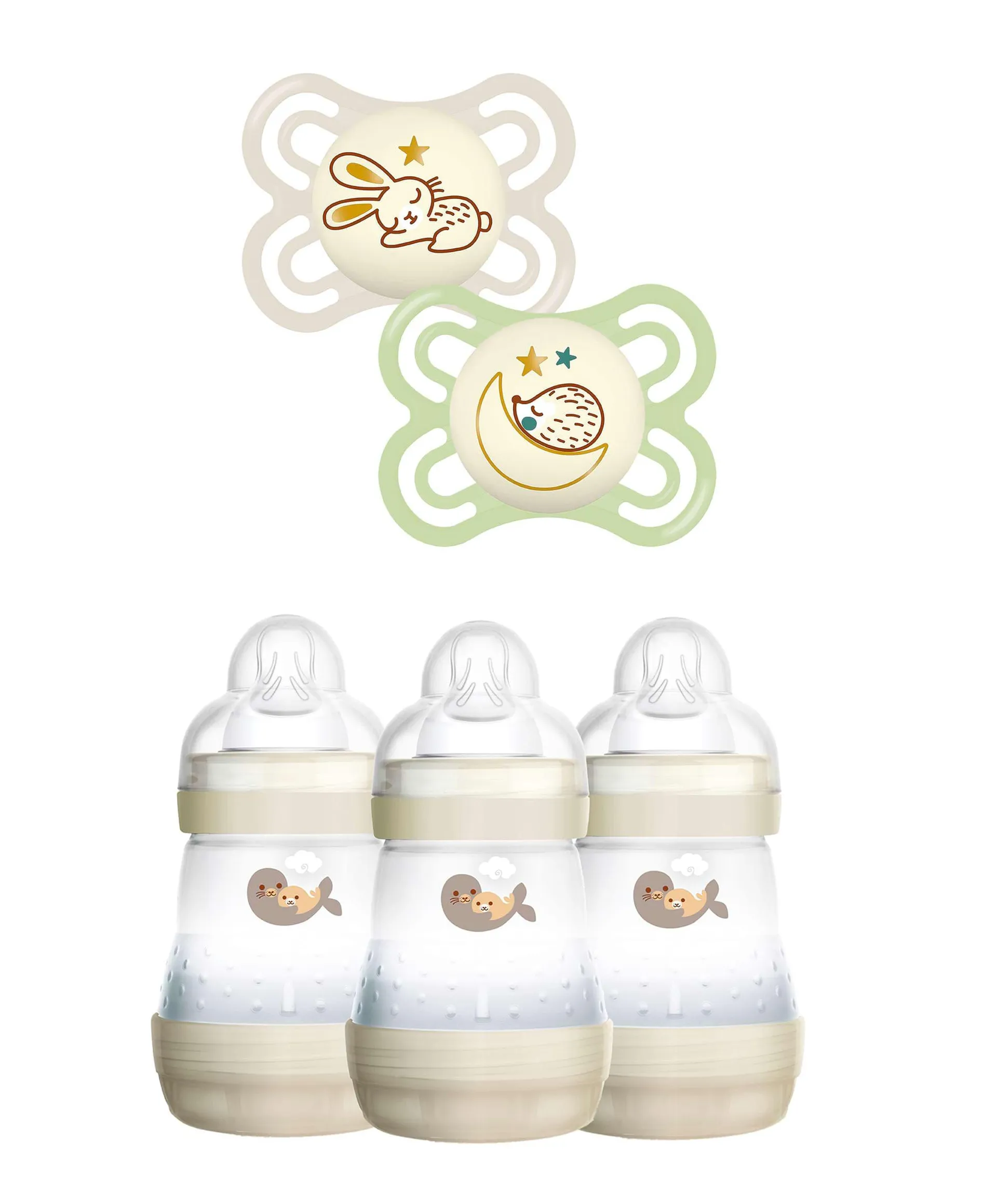 MAM Perfect Night Soothers 0m+ with Taupe 160ml Bottle Set