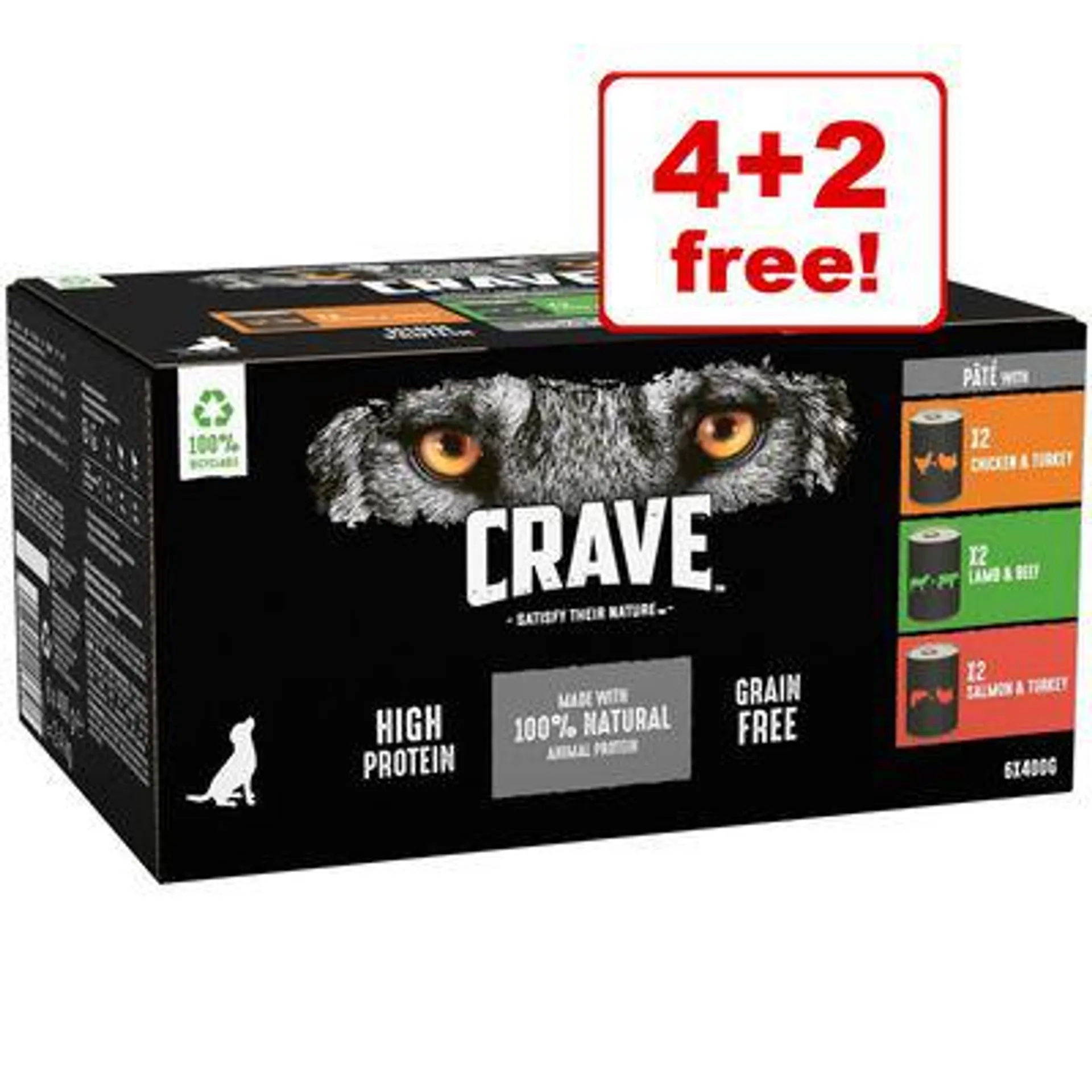 6 x 400g CRAVE Adult Pate Mixed Pack Wet Dog Food - 4 + 2 Free! *