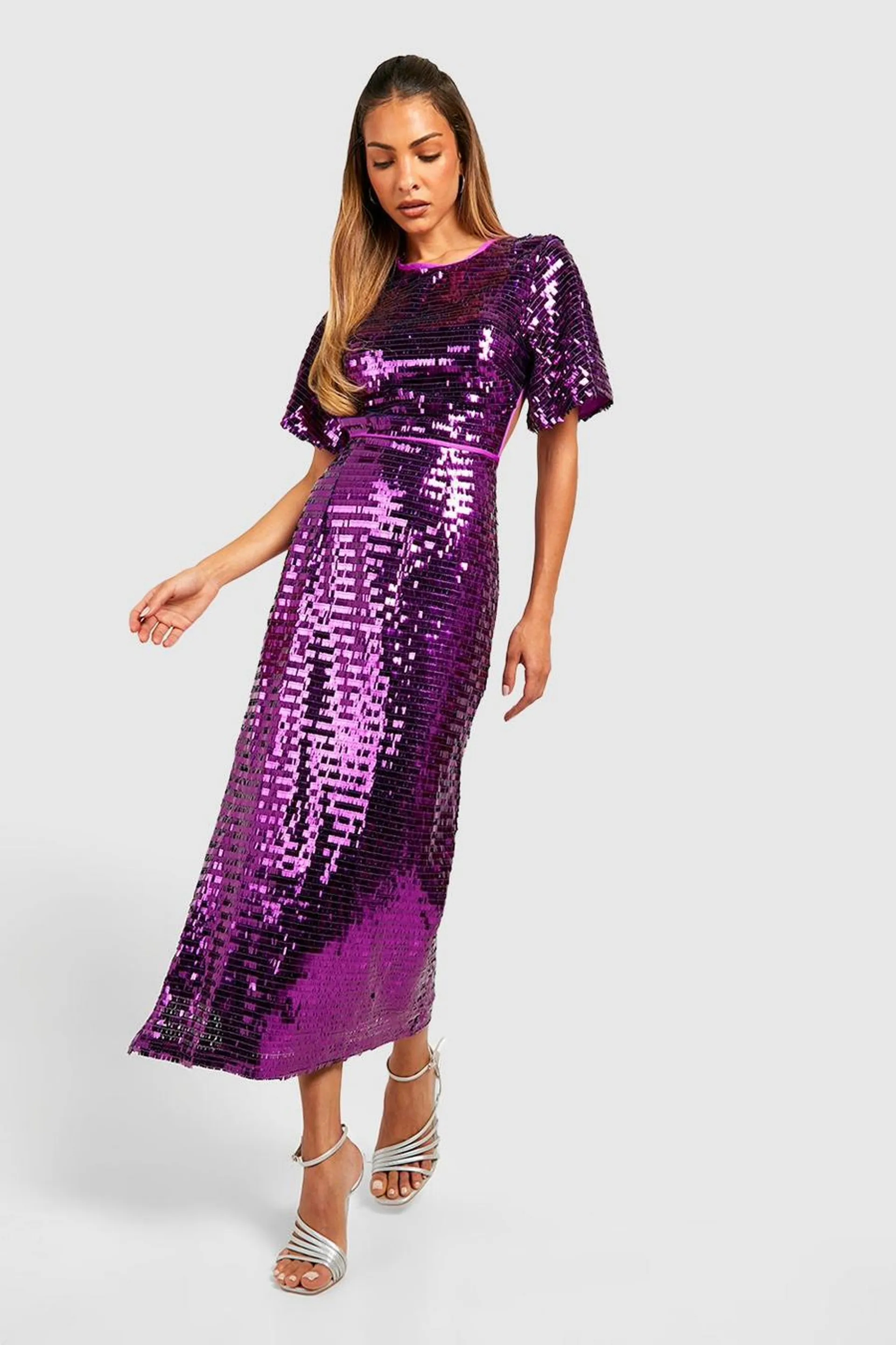 Sequin Angel Sleeve Cut Out Midi Party Dress