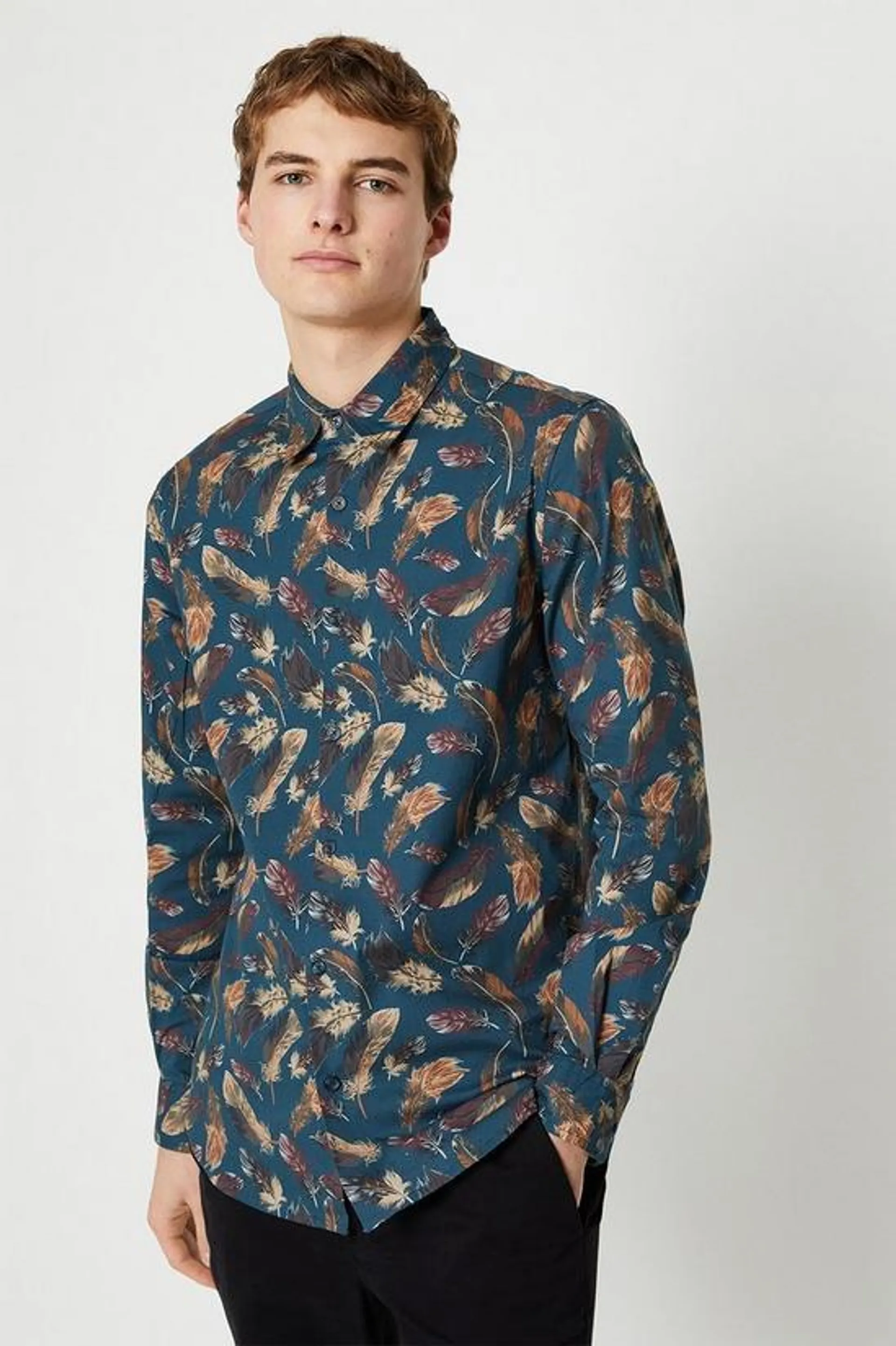 Long Sleeve Feather Printed Shirt