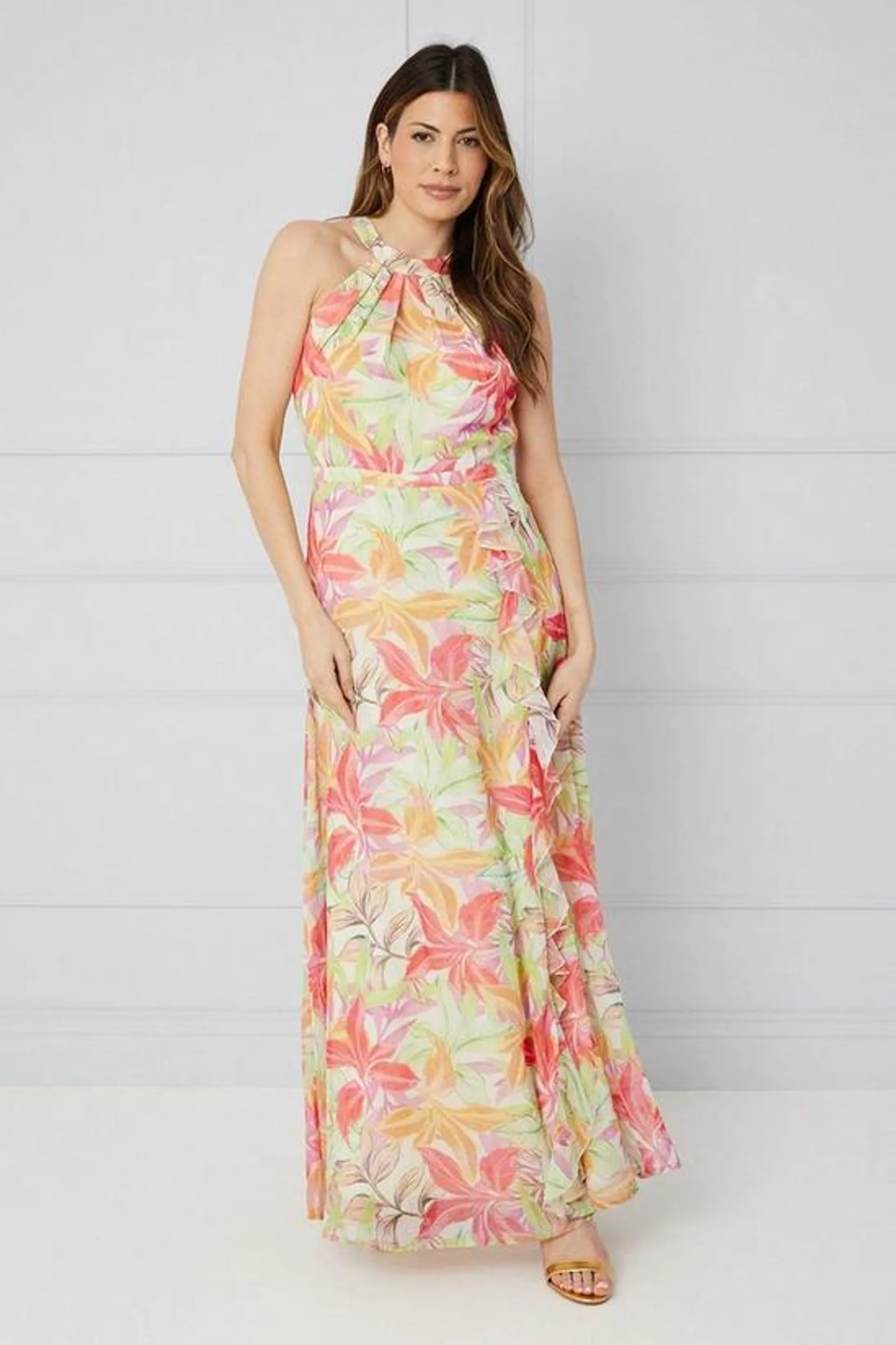 Palm Print Halterneck Ruffle Maxi Dress