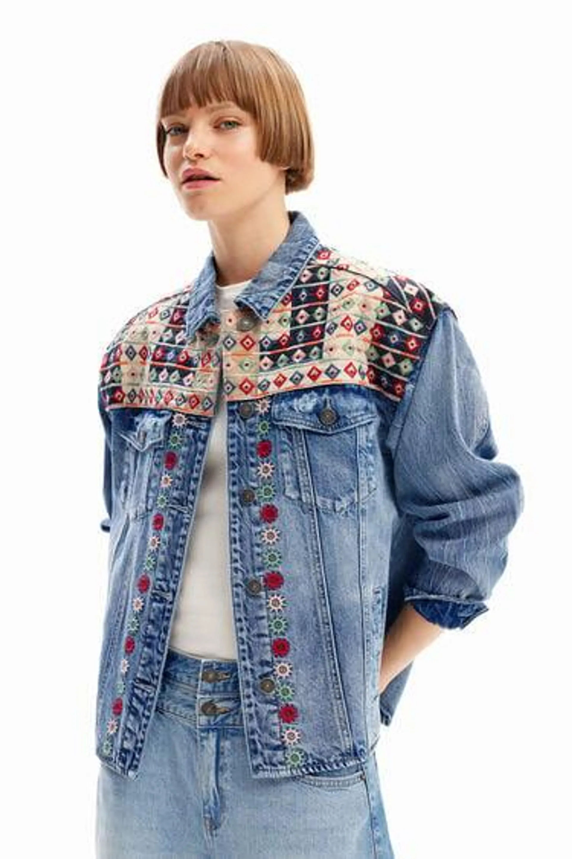 Embroidered denim trucker jacket