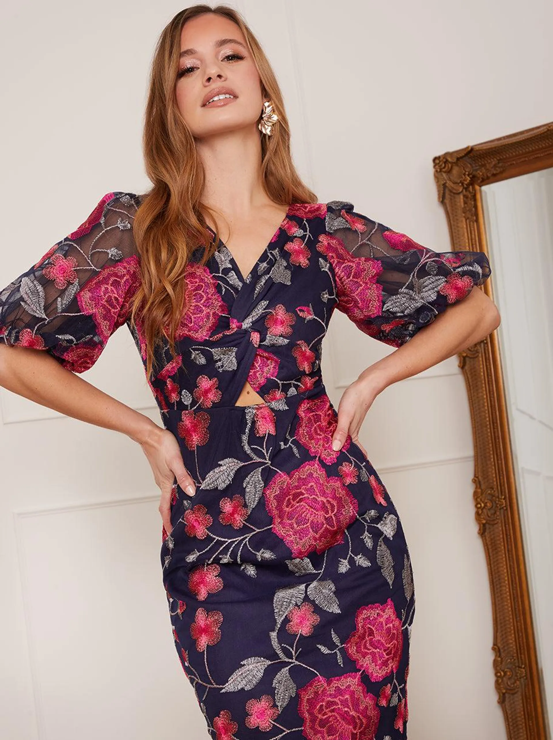 Petite V Neck Floral Bodycon Dress in Navy