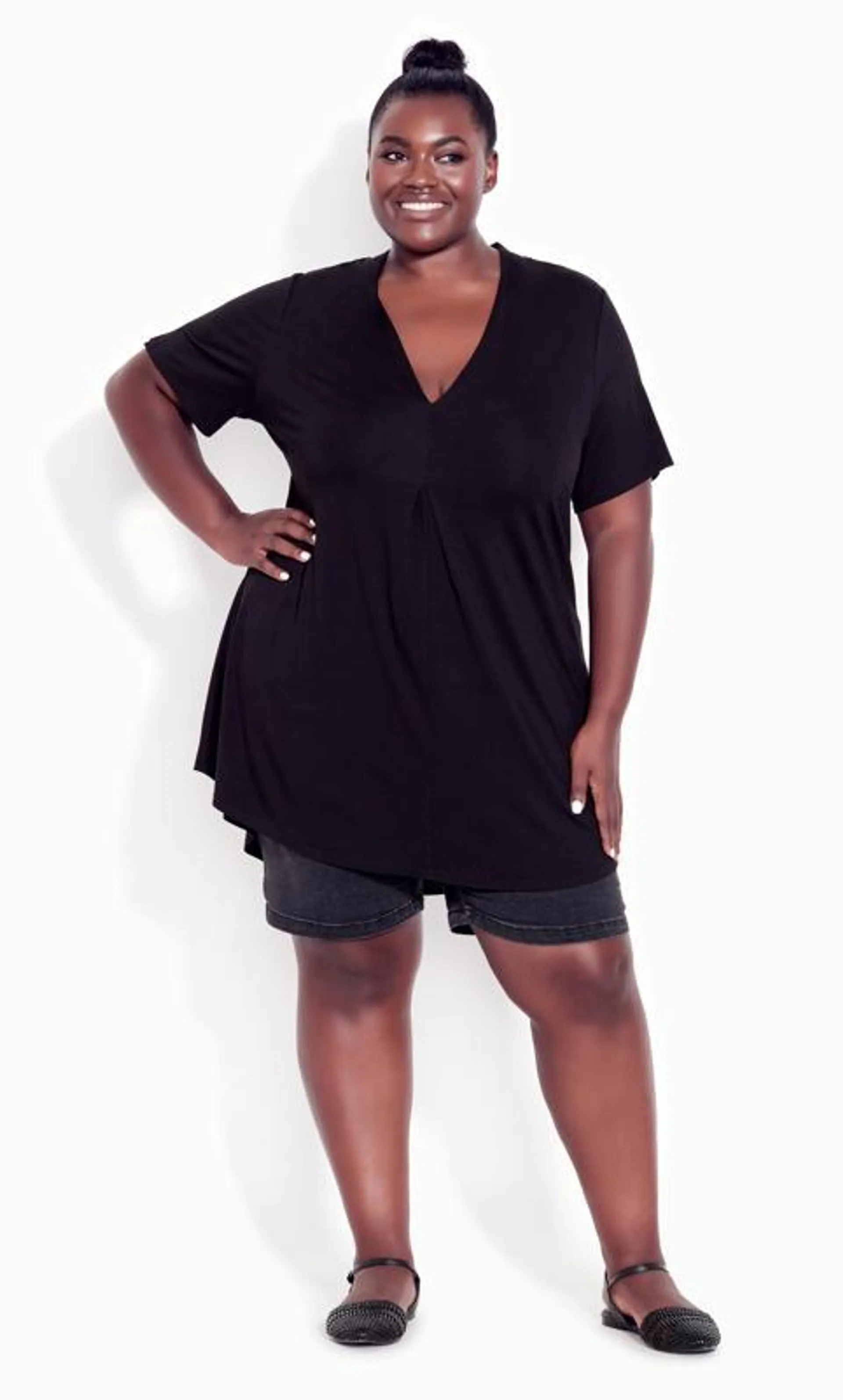 Evans Black Pleat Front Swing Top