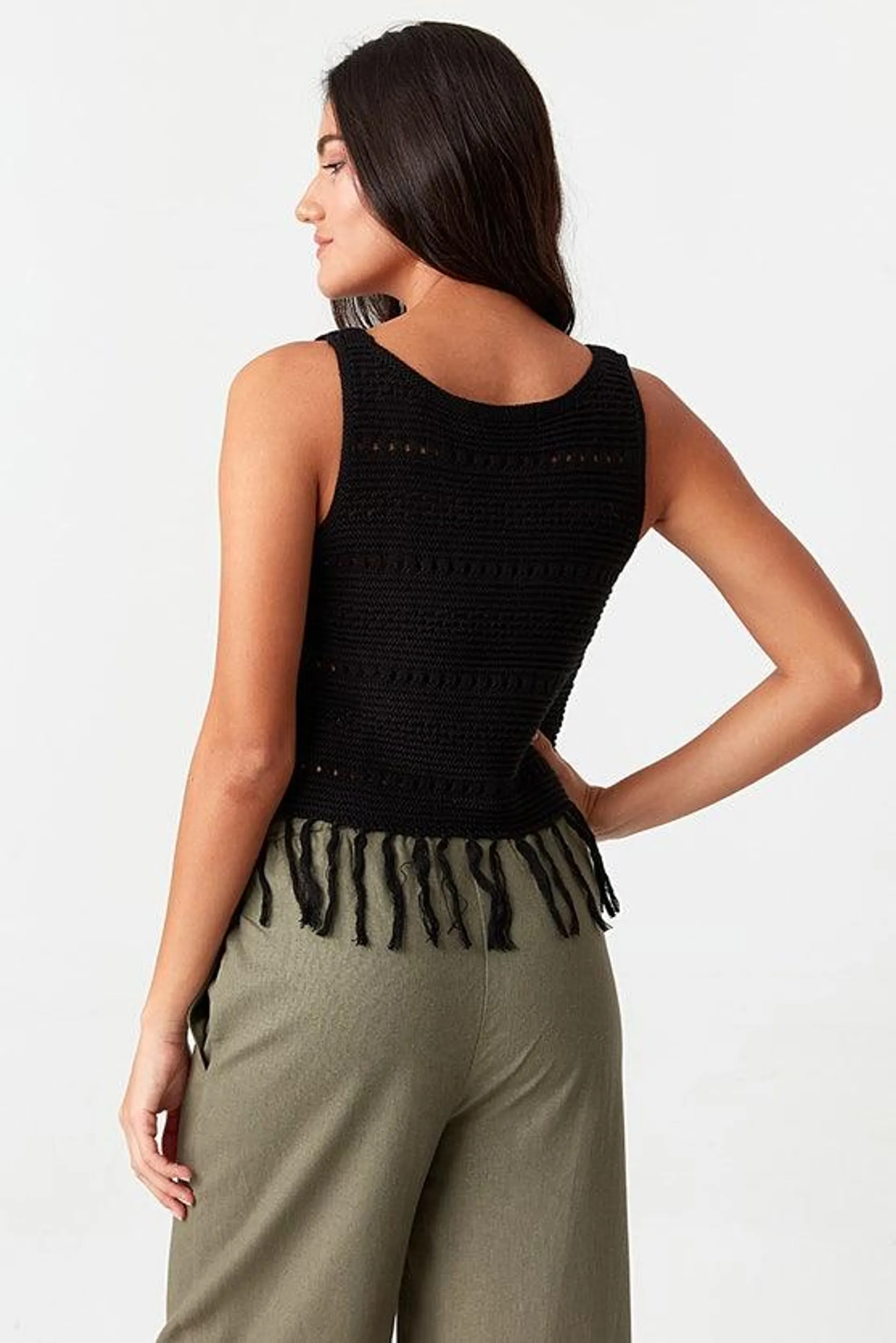 Black Fringe Pointelle Crop Top