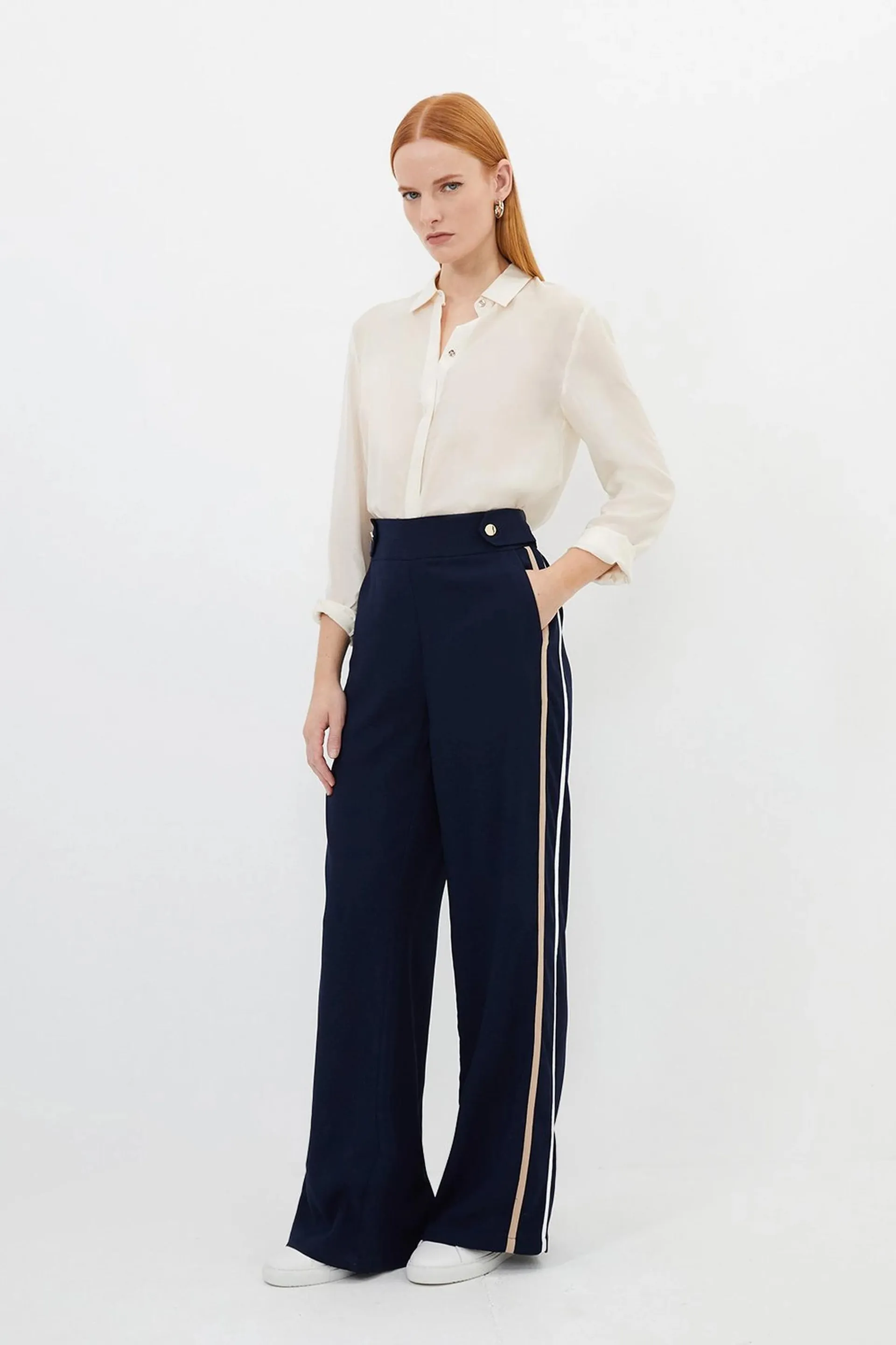 Contrast Piping Satin Back Crepe Woven Straight Leg Trousers