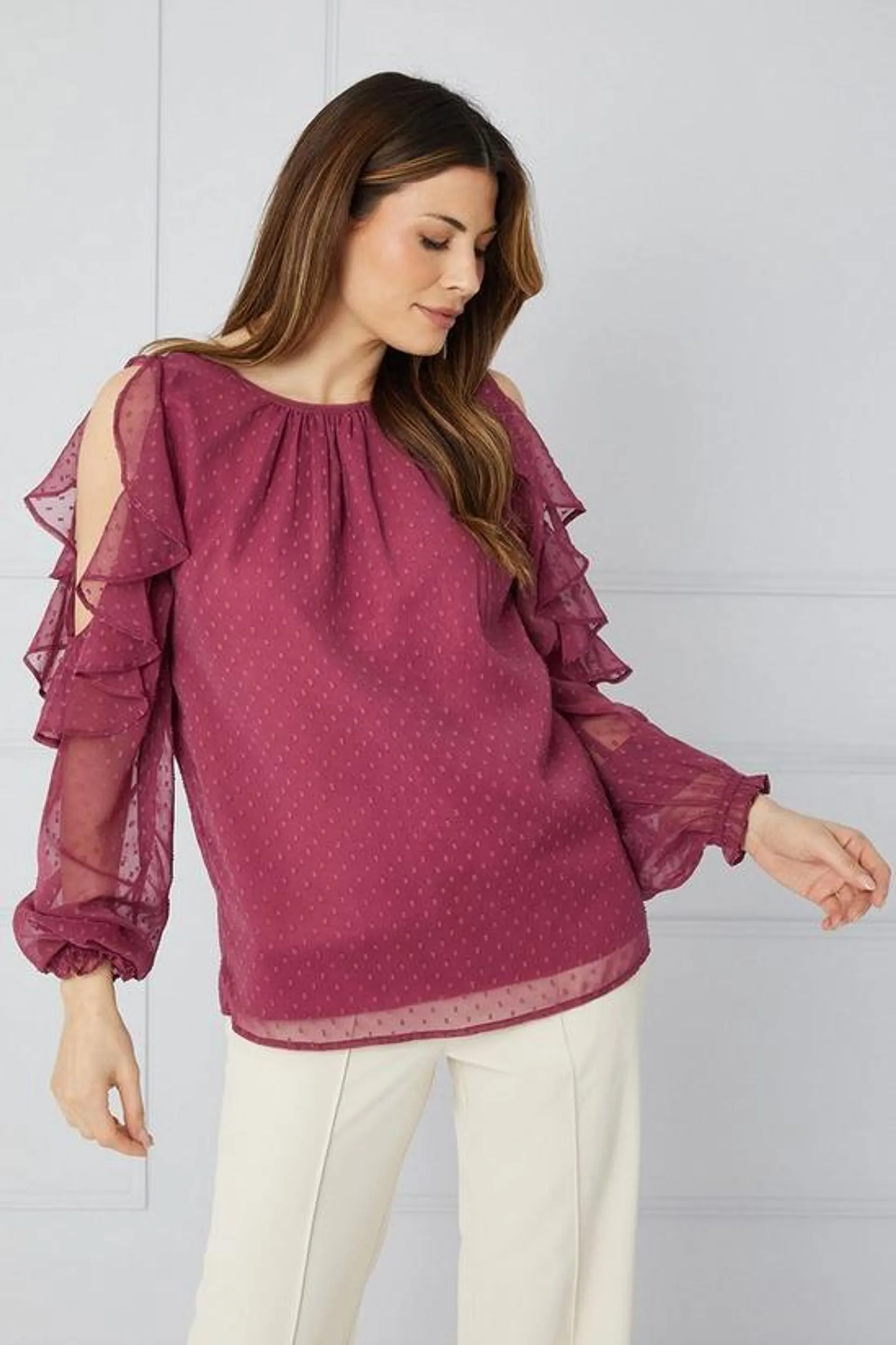 Tall Dobby Ruffle Cold Shoulder Top