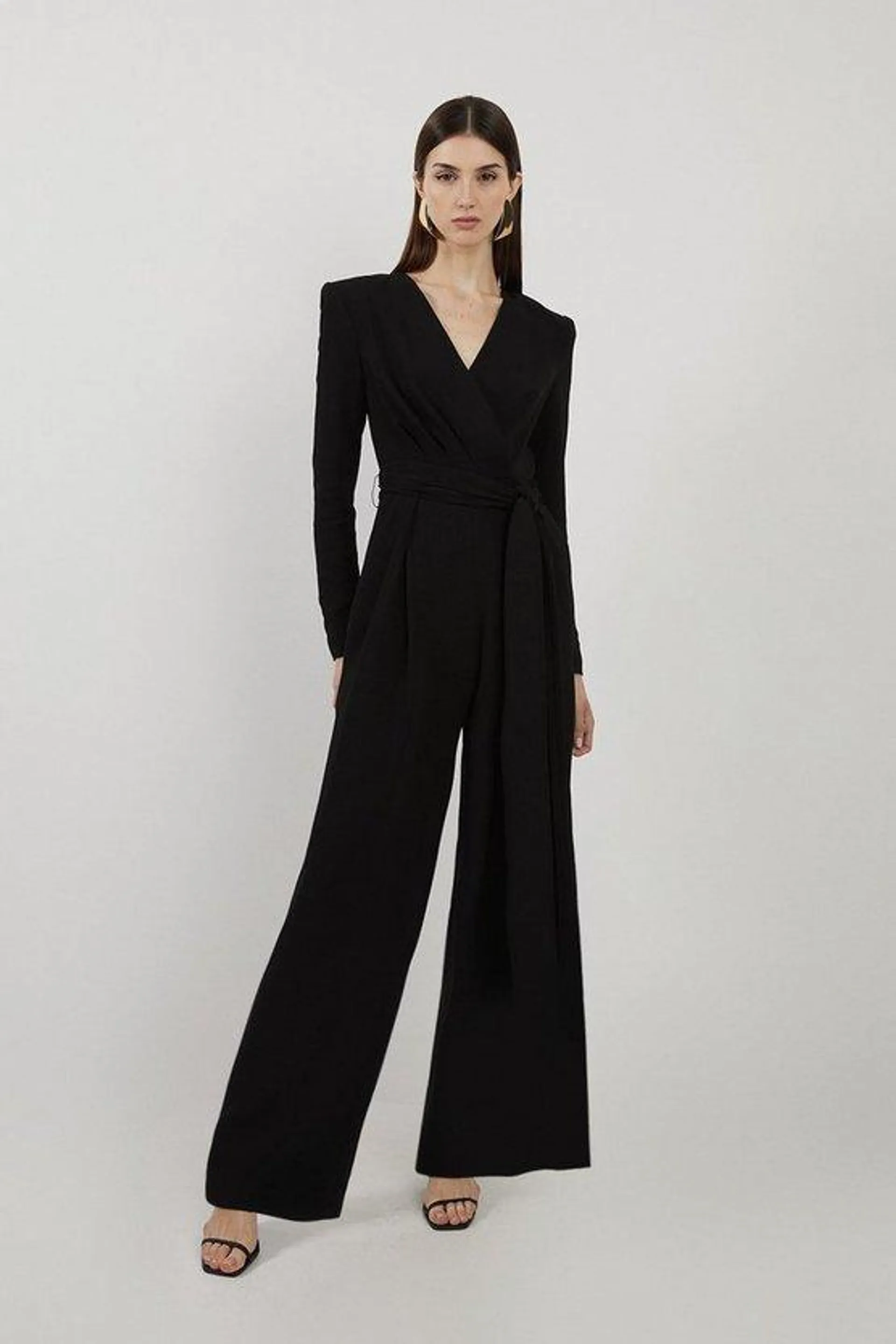 Compact Stretch Viscose Drape Waist Wide Leg Jumpsuit