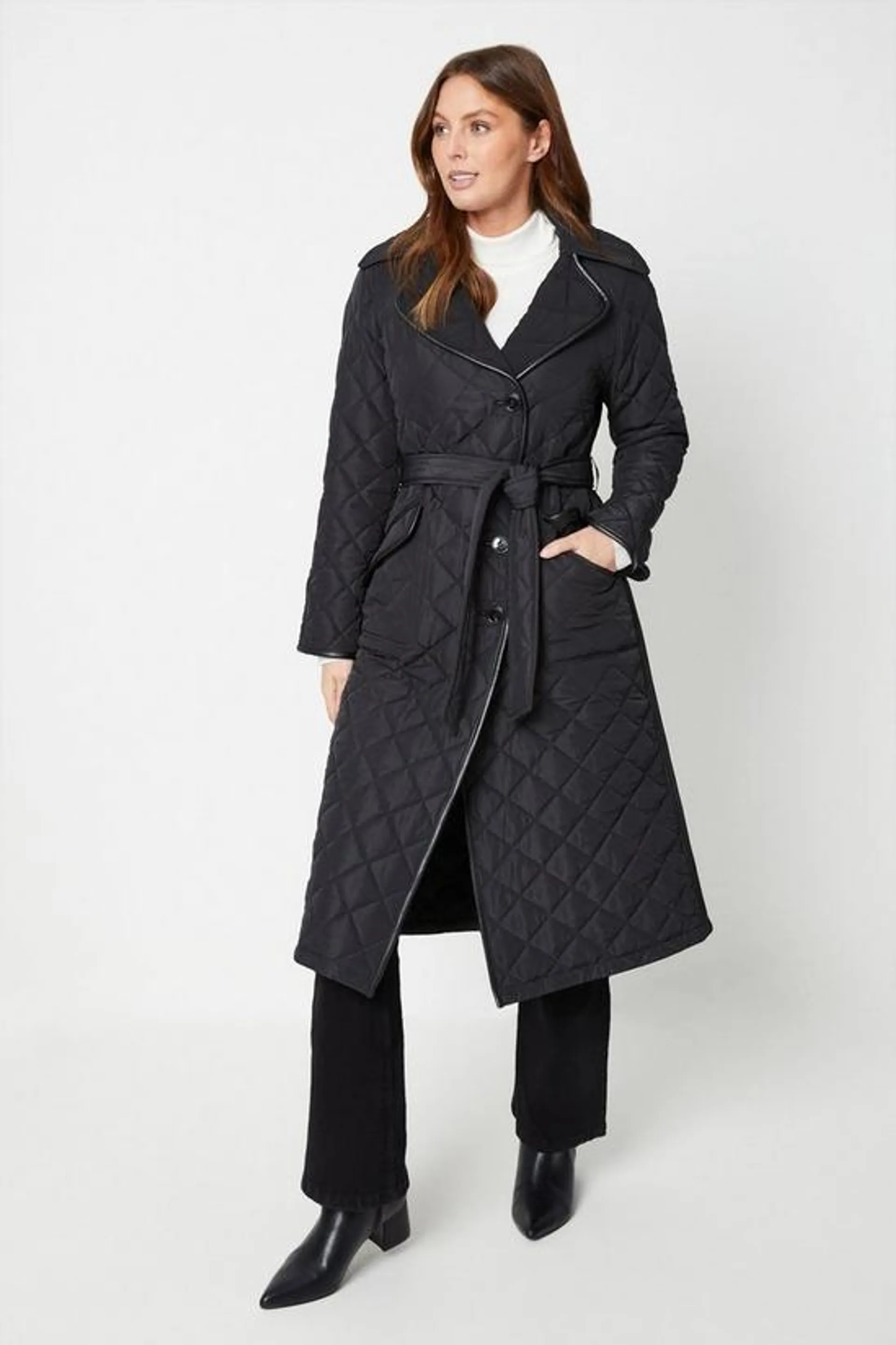 Belted Longline Quilted Coat With Pu Contrast Trims