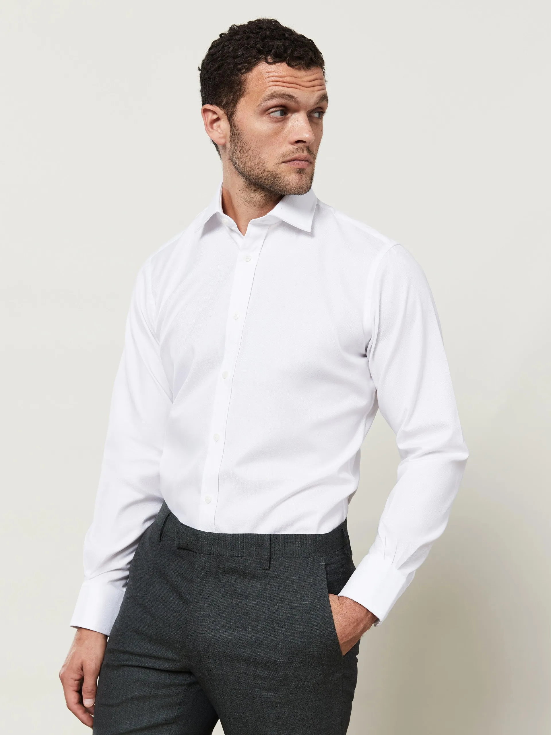 Fitted Plain White Oxford Button Cuff Shirt