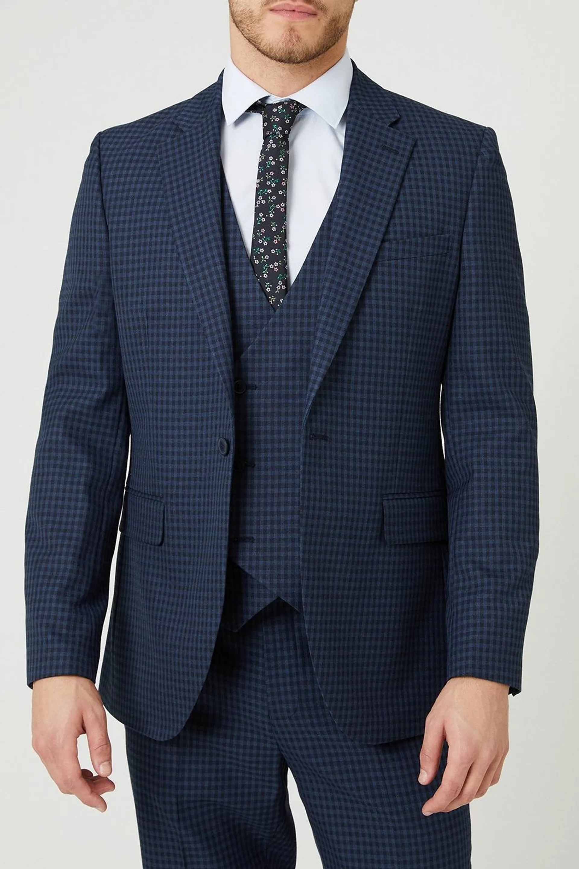 Tailored Fit Navy Small Scale Check Three-Piece Suit