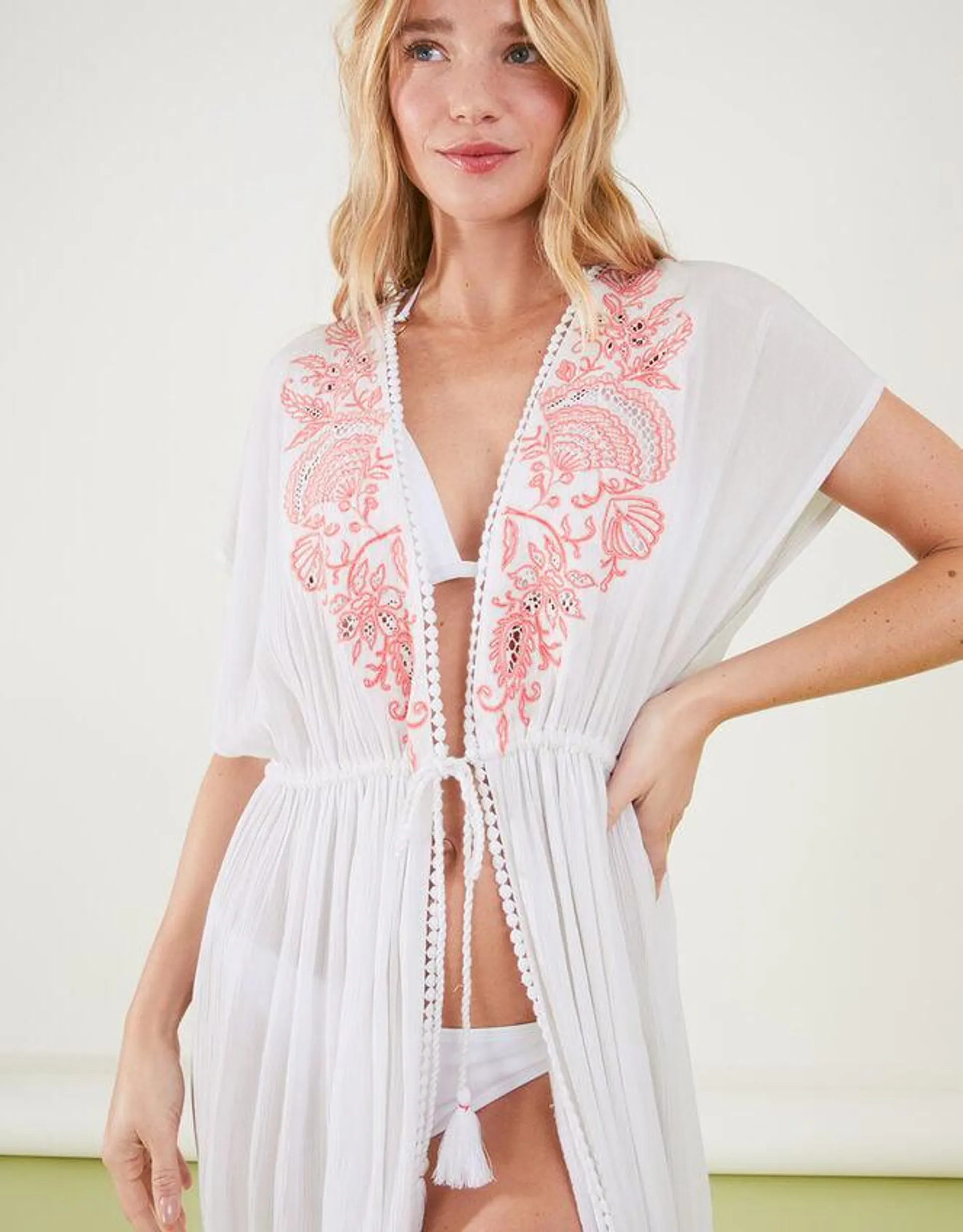 Shell Embroidered Tie Waist Kaftan White