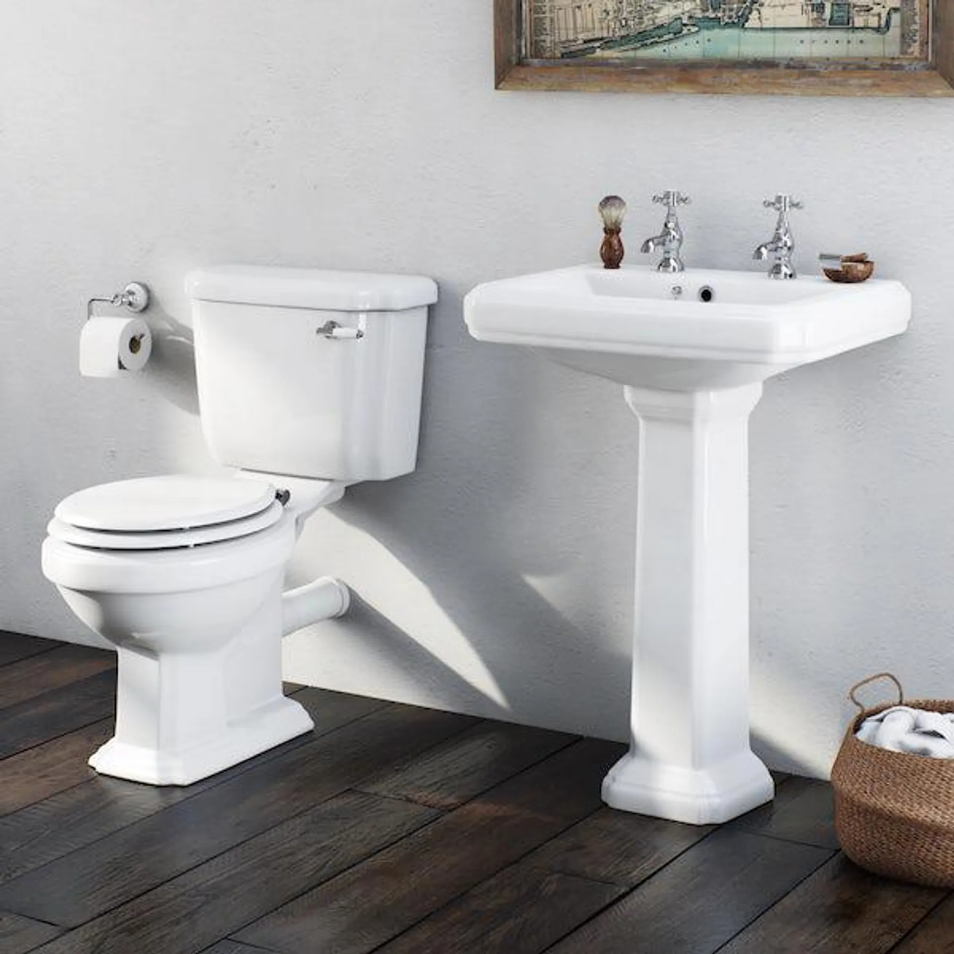 Orchard Dulwich cloakroom suite with white seat and full pedestal basin 585mm