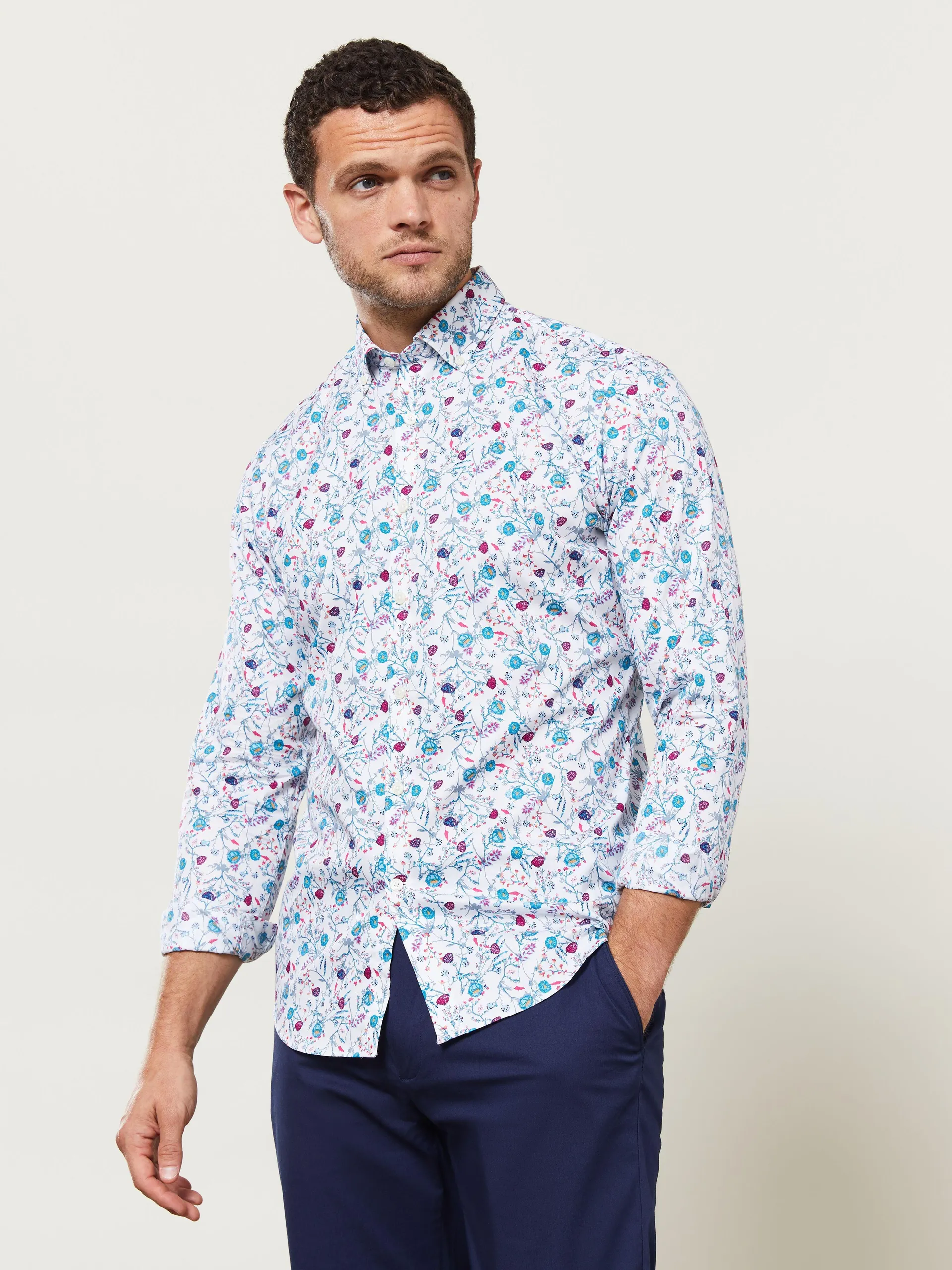 Slim Fit Pink and Aqua Scatter Floral Print Shirt