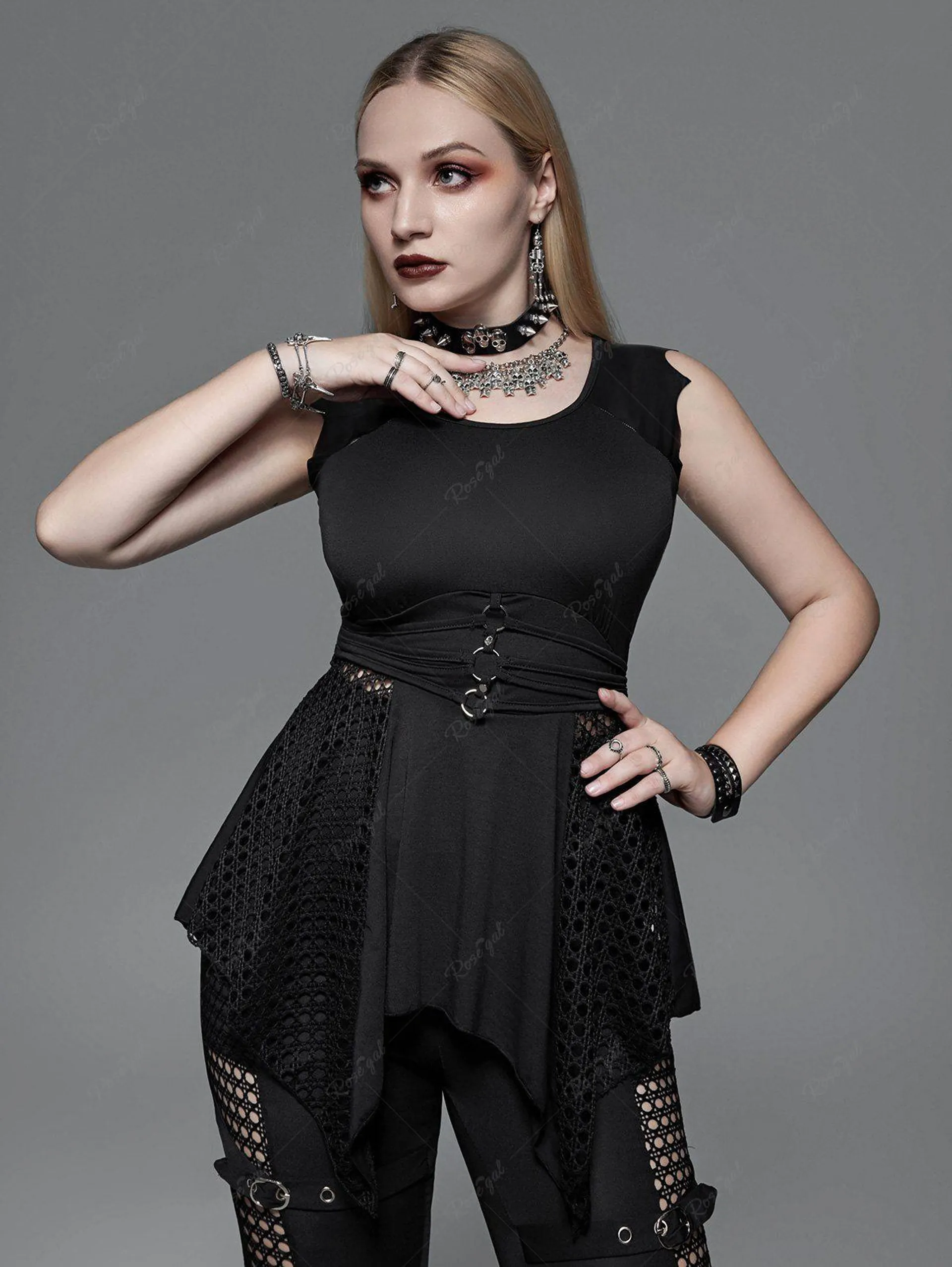 Gothic Fishnet Panel Rings Bat-shaped Sleeve Asymmetrical Top - 4x | Us 26-28