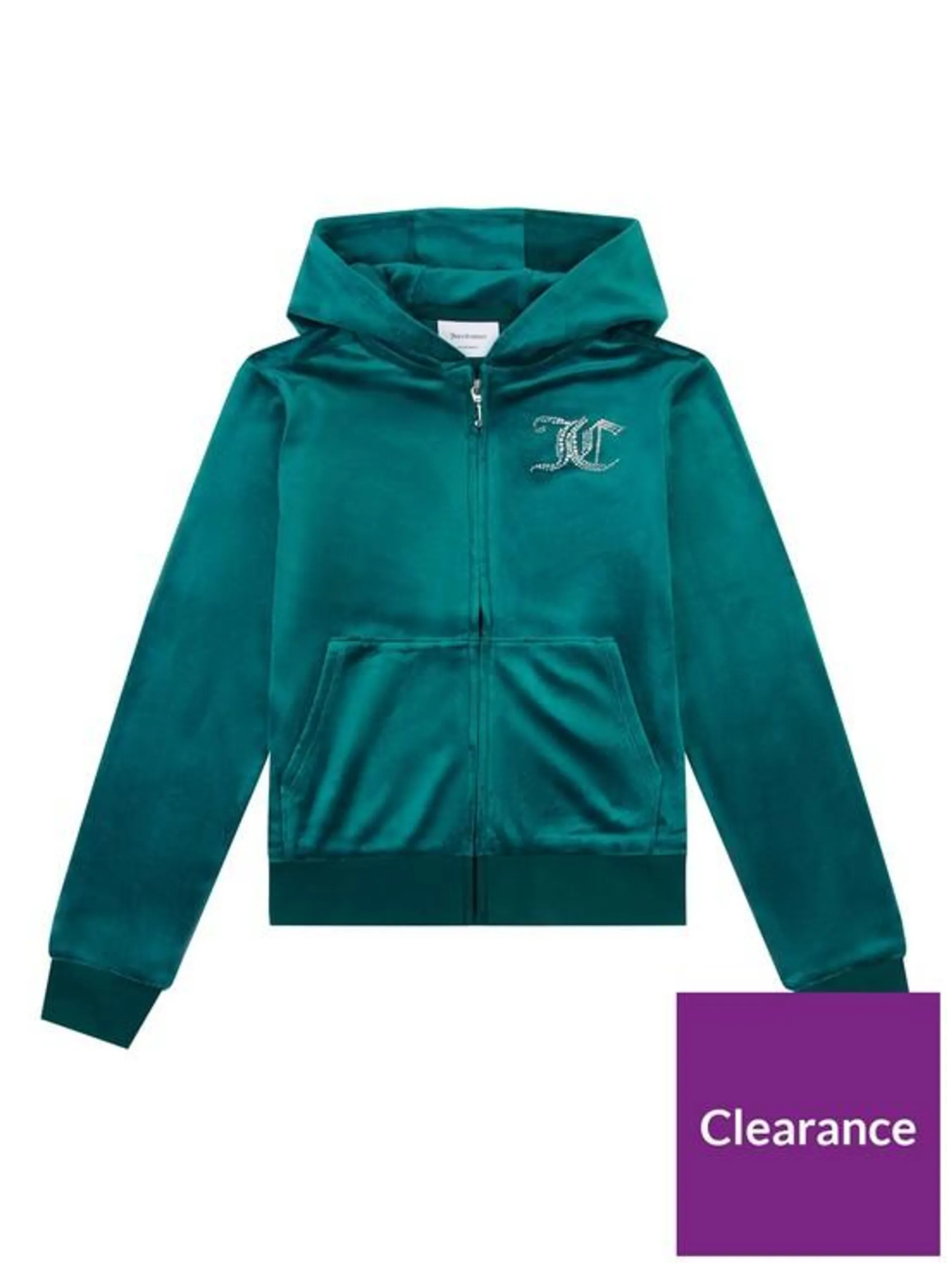 Girls Diamante Velour Zip Through Hoodie - Botanical Garden - Green