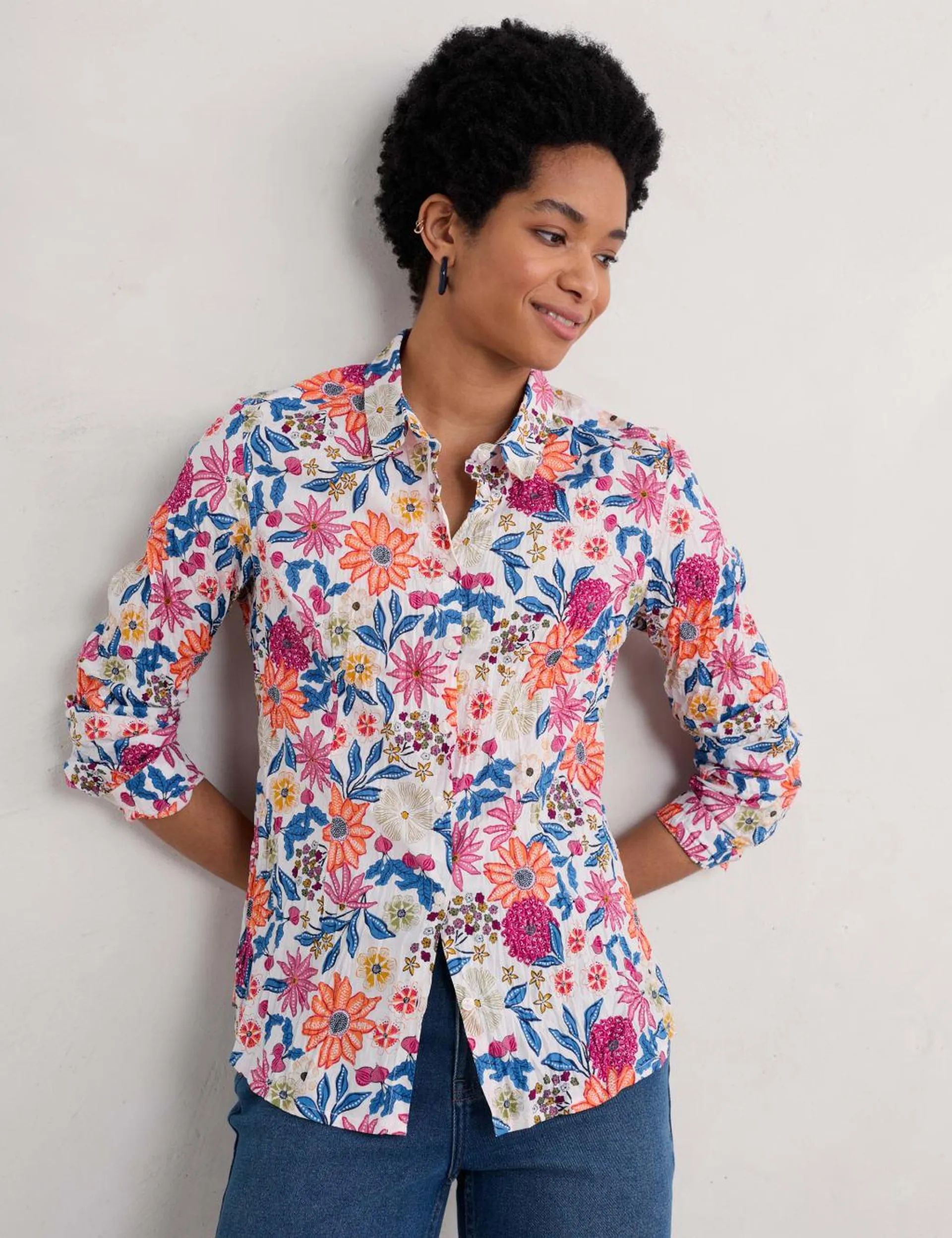 Pure Cotton Floral Crinkle Collared Shirt