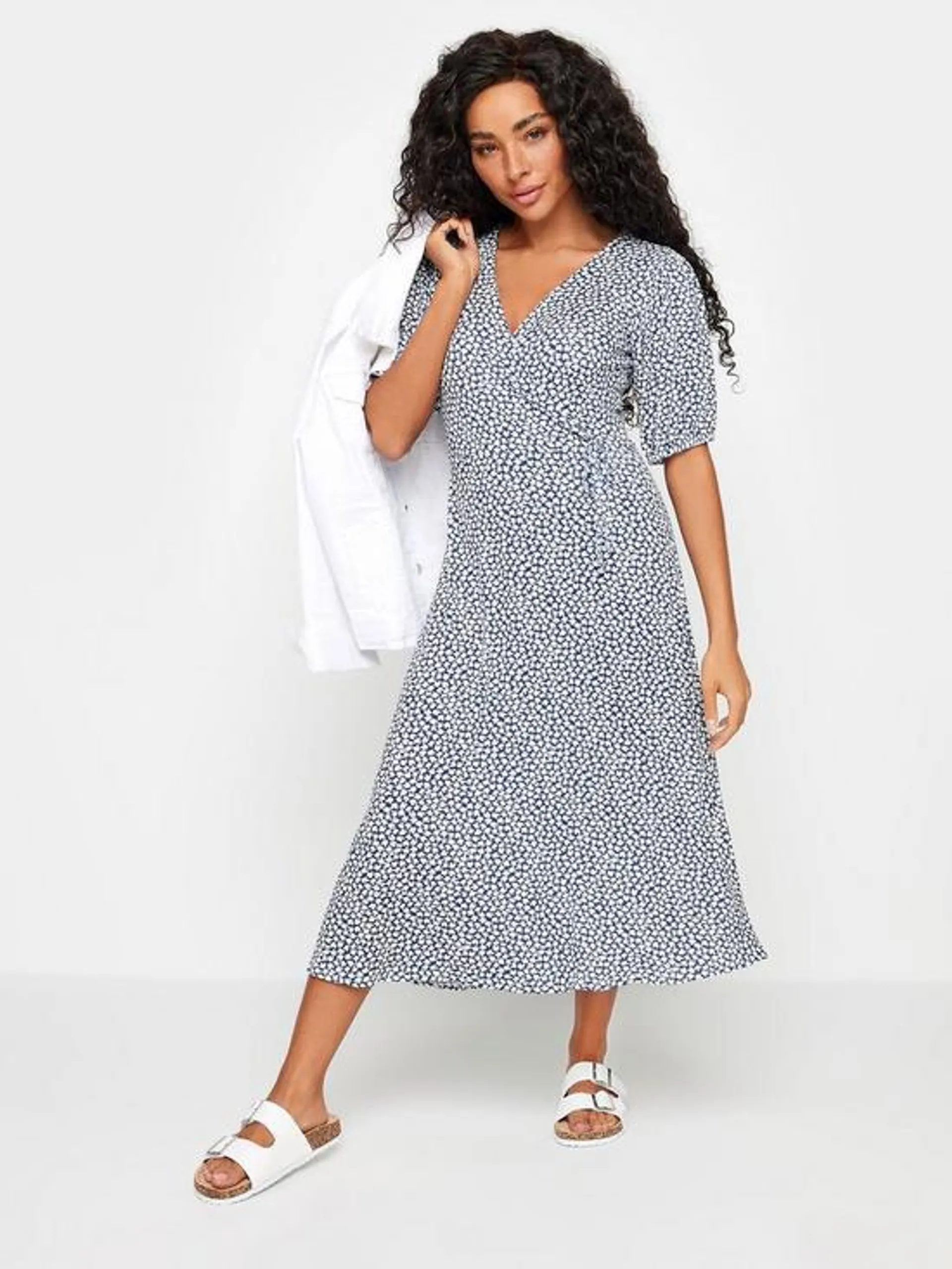 Petite Blue Ditsy Maxi Wrap Front Dress