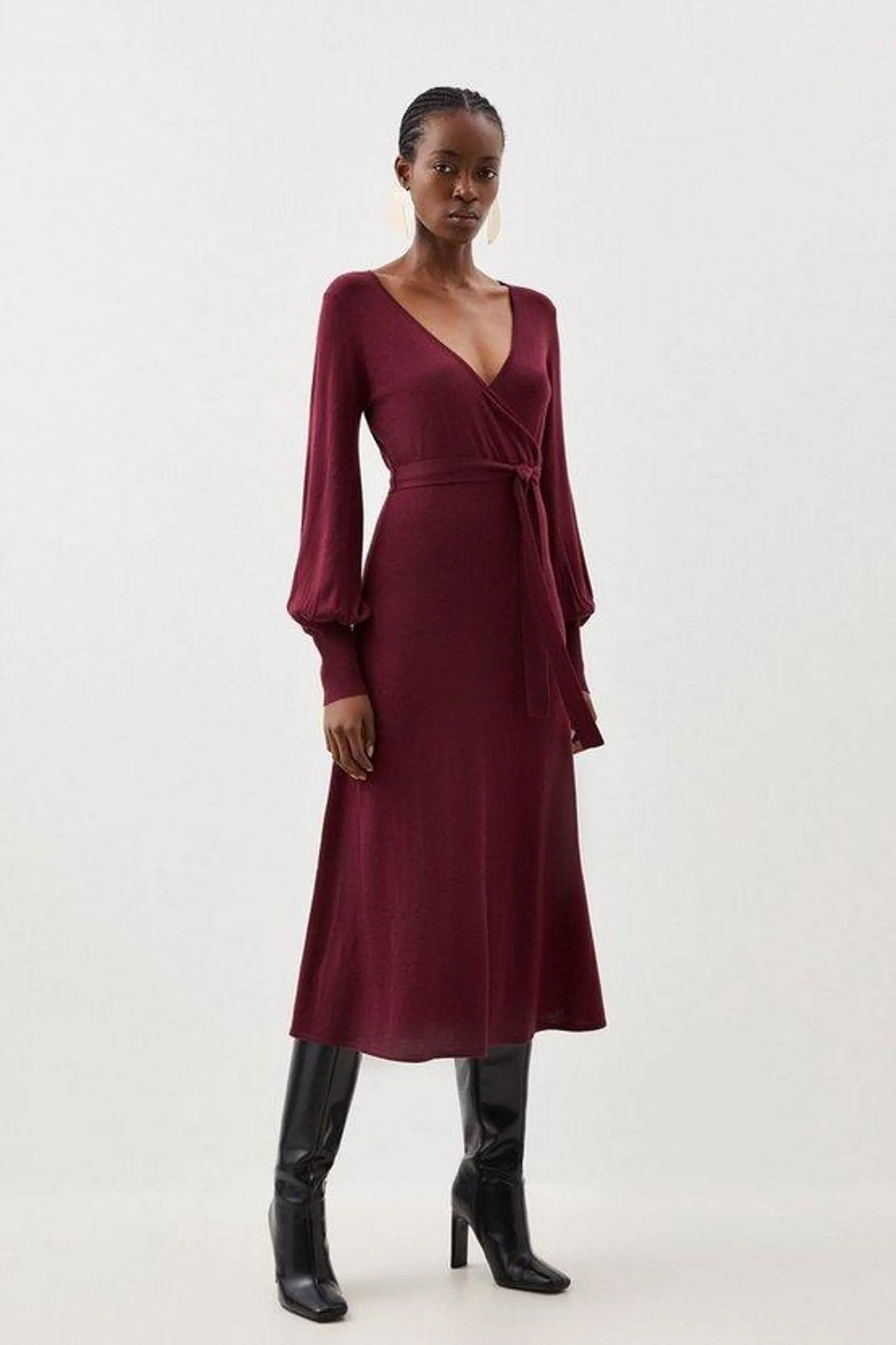 Cashmere Blend Wrap Full Sleeve Belted Knit Midi Dress