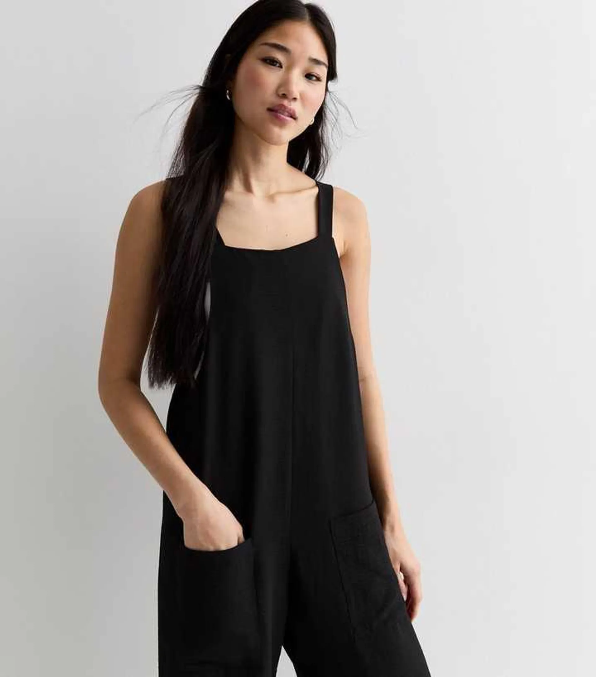 Black Herringbone Strappy Wide Leg Jumpsuit