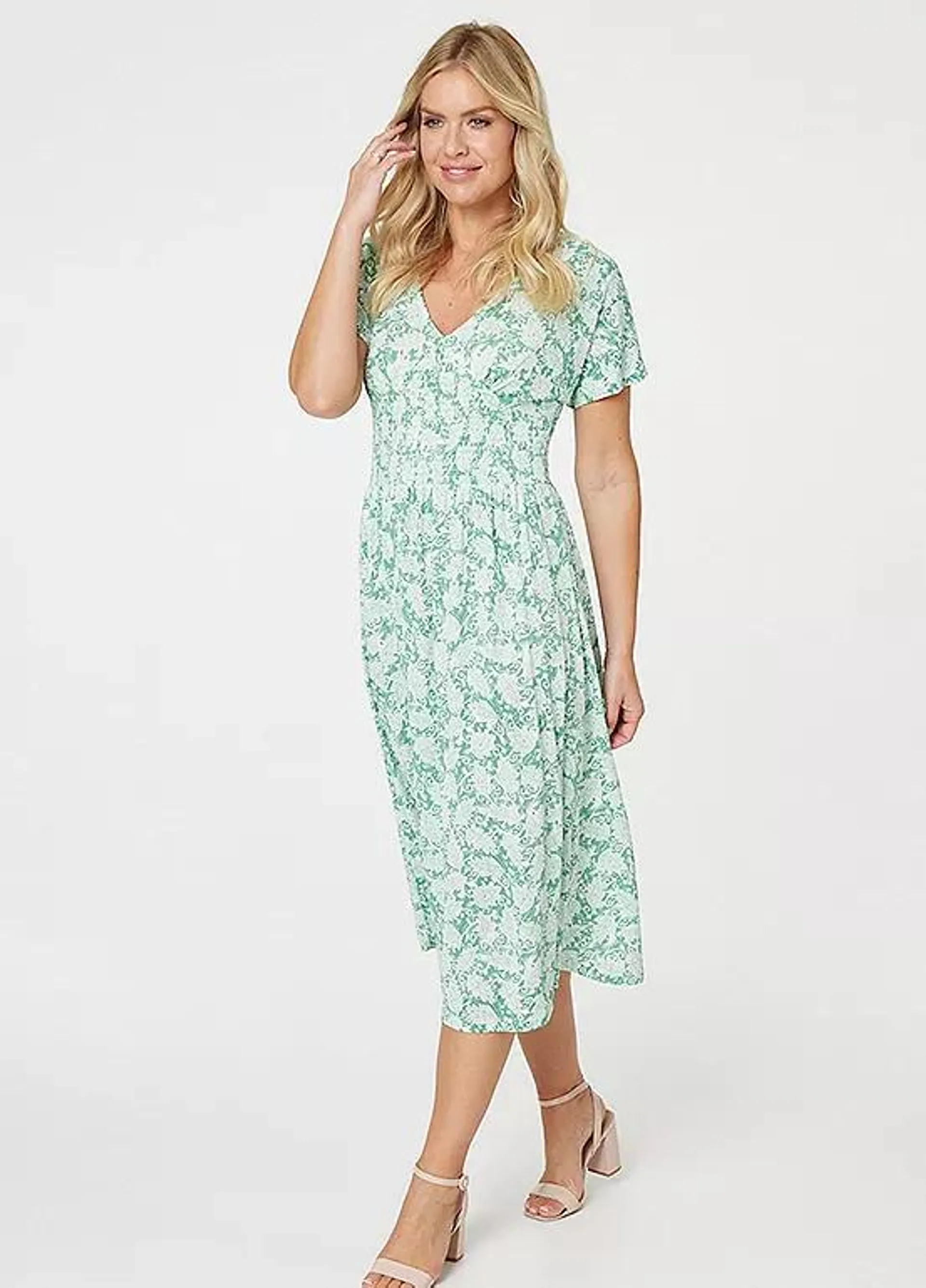 Izabel London Green Paisley Shirred Detail Midi Dress