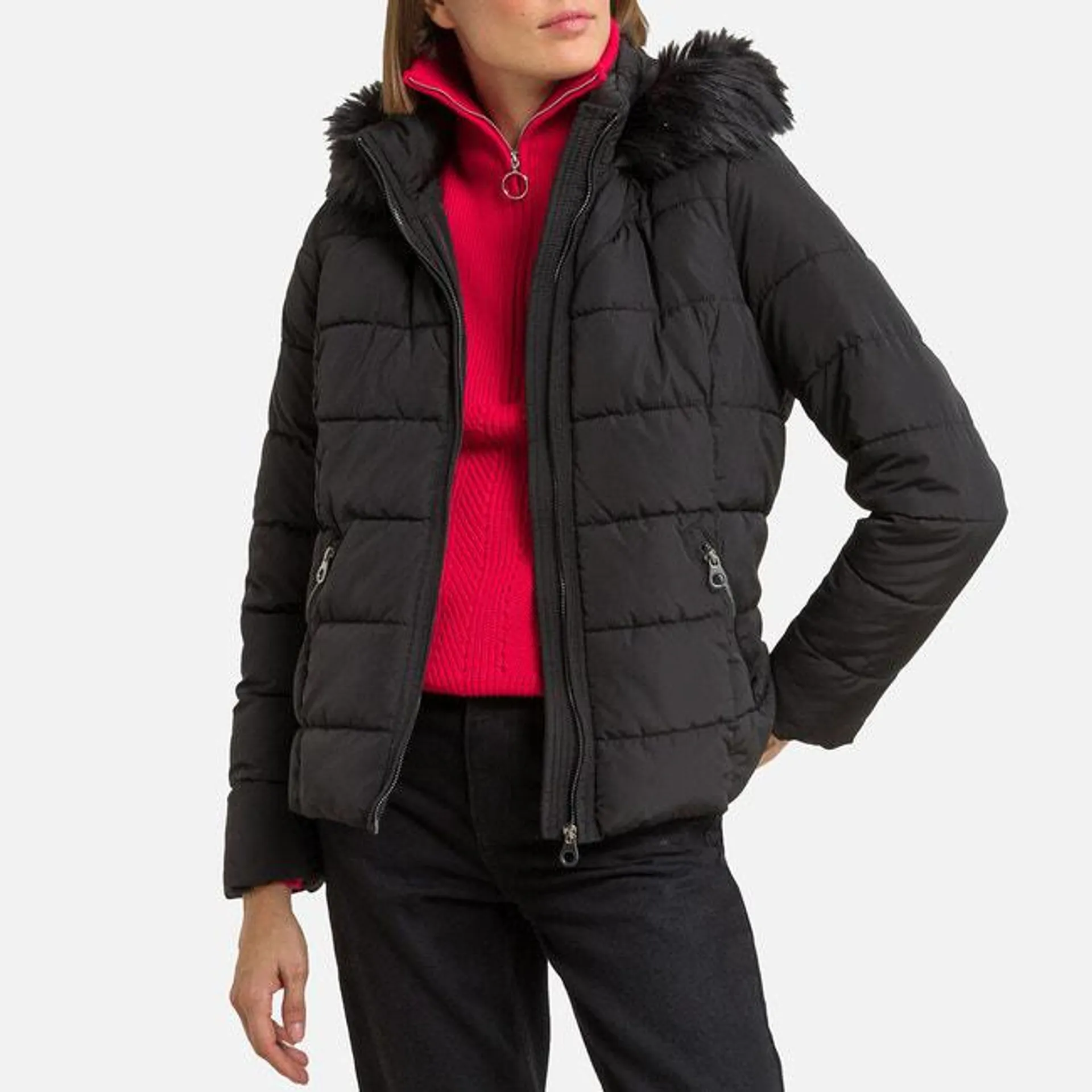 Short Hooded Padded Jacket with Faux Fur Trim