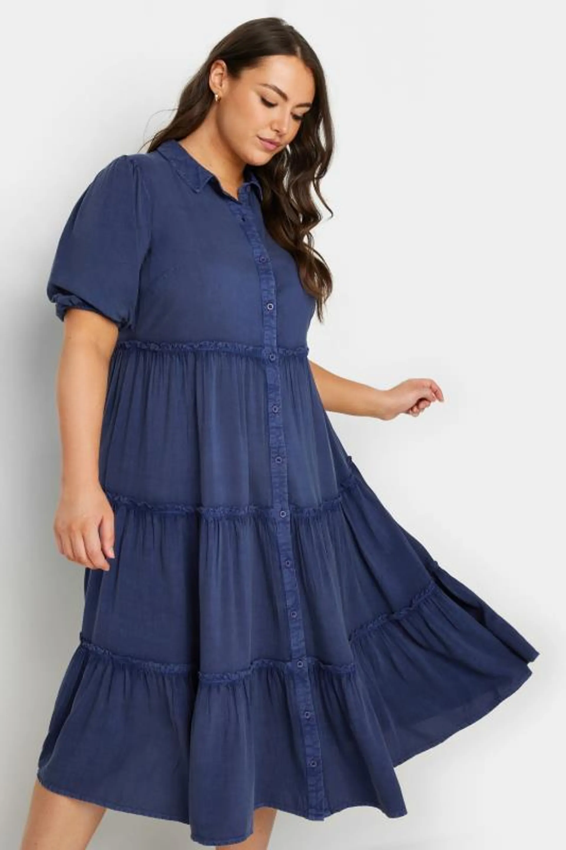 YOURS Curve Blue Button Front Chambray Midi Dress