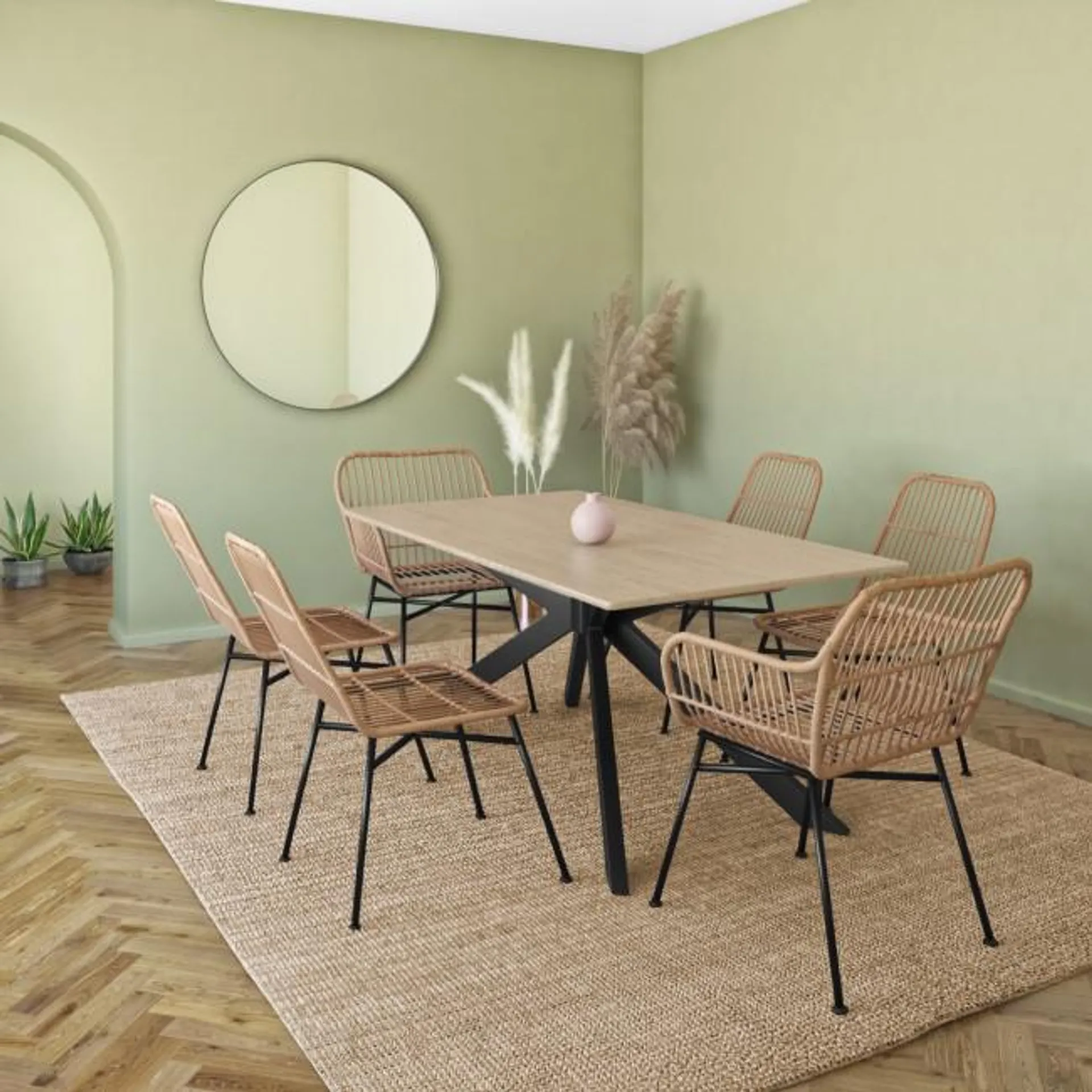 Light Oak Dining Table with 6 Brown Rattan Dining Chairs - Carson