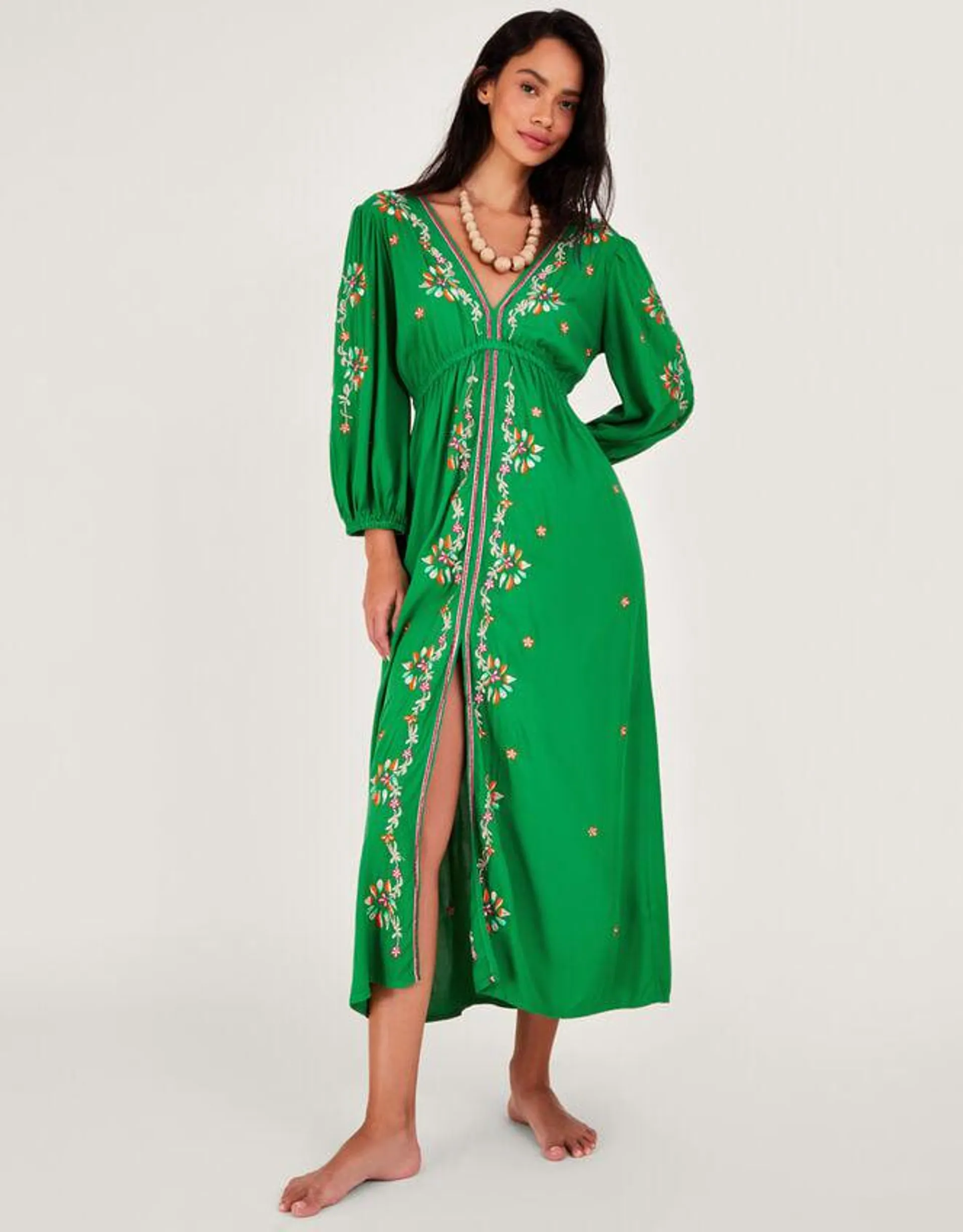Embroidered Maxi Kaftan Dress in LENZING™ ECOVERO™ Green