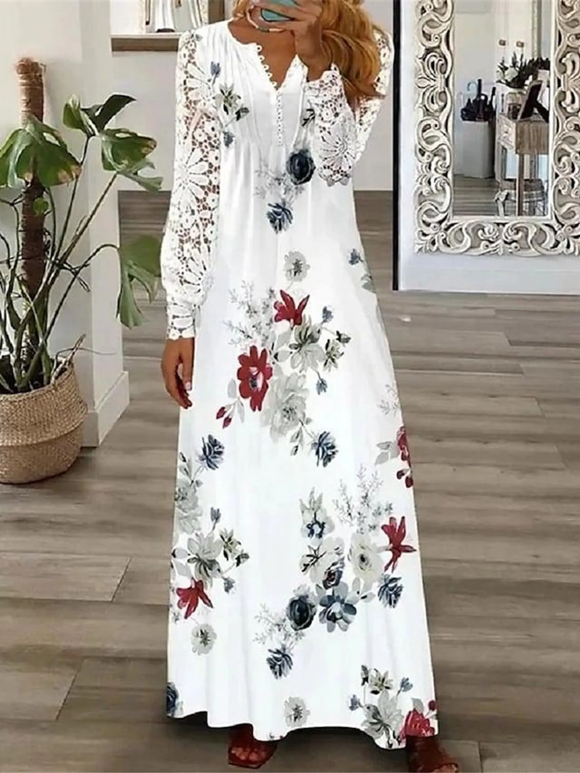 Women's Floral Lace Pleated Dresses Long Dress Maxi Dress A Line Dress Print Dress Fashion Casual Outdoor Daily Button Long Sleeve V Neck Dress Regular Fit White Pink Red Spring Summer S M L XL