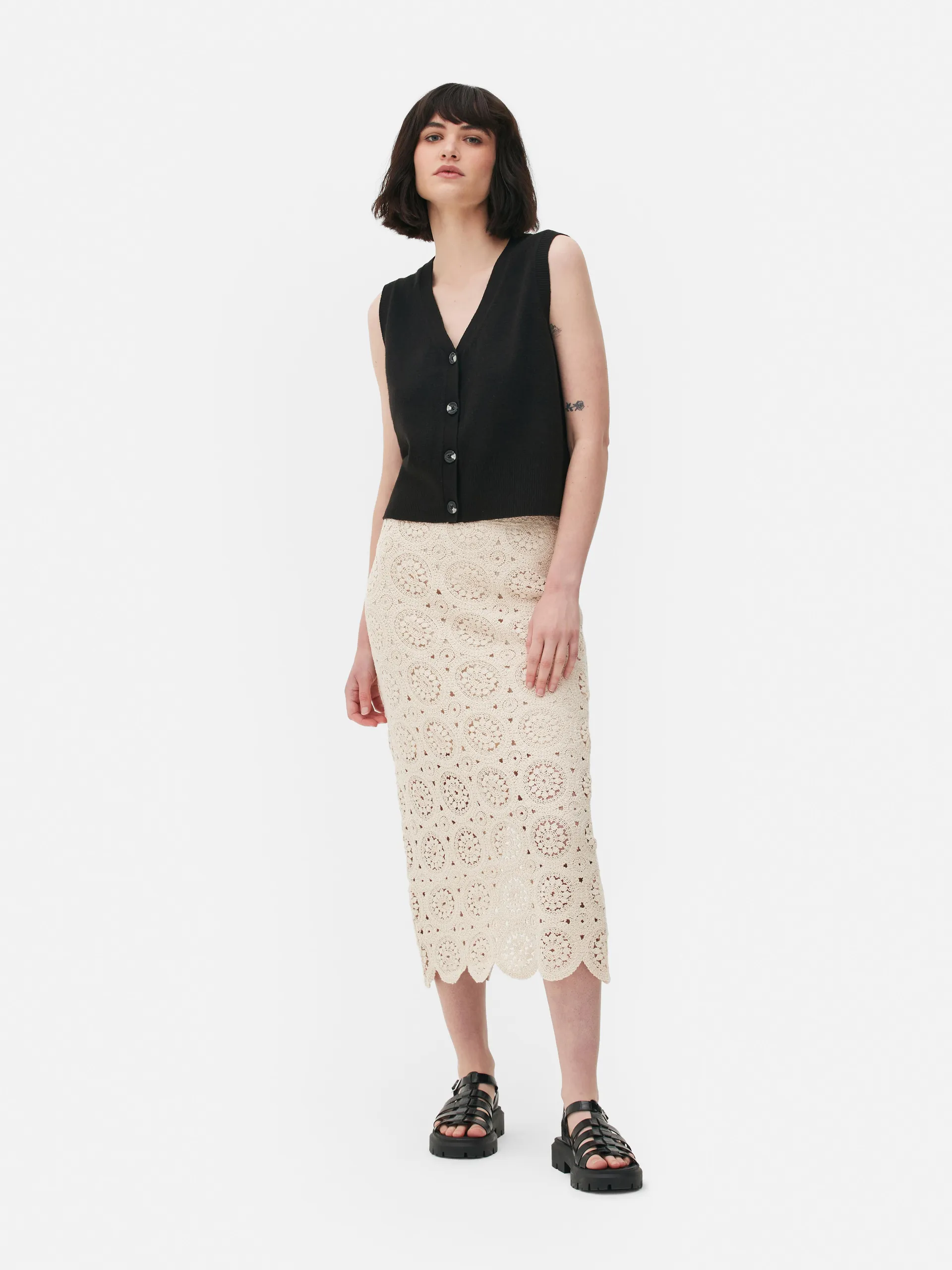 Scallop Hem Crochet Midi Skirt