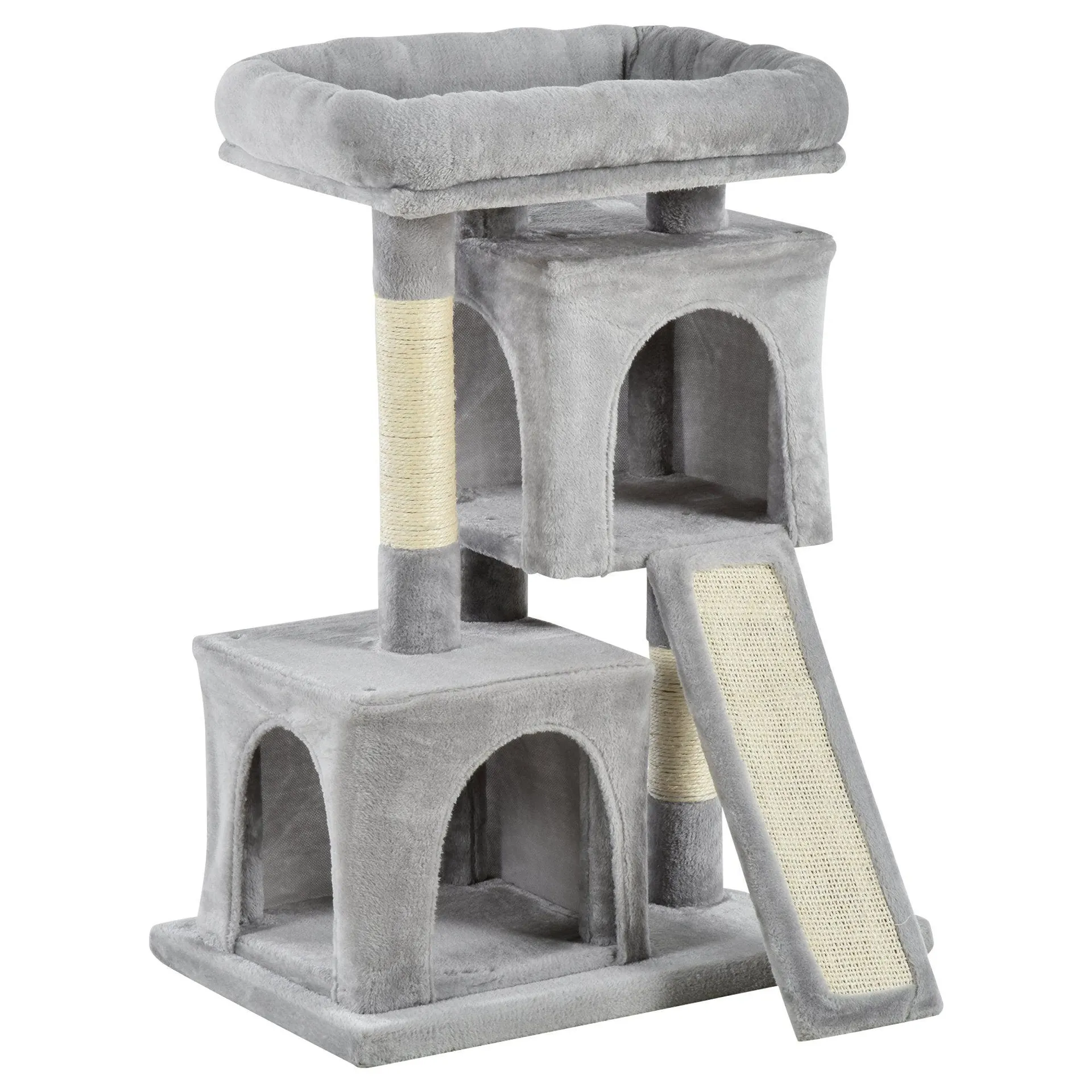 PawHut Cat Rest & Play Activity Tree w/ 2 House Perch Scratching Post Grey