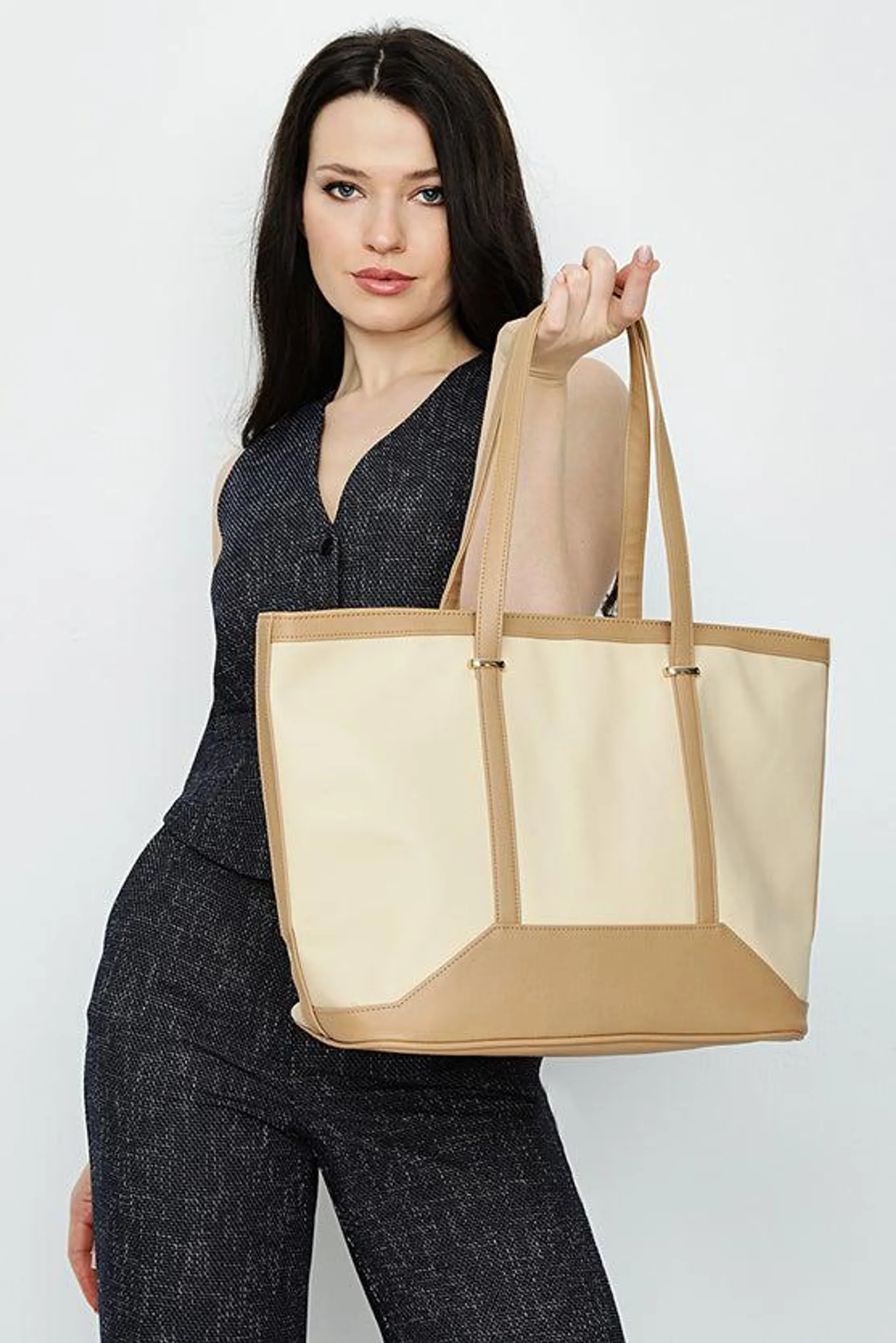 Cream Gold Trim Panel Shopper Bag