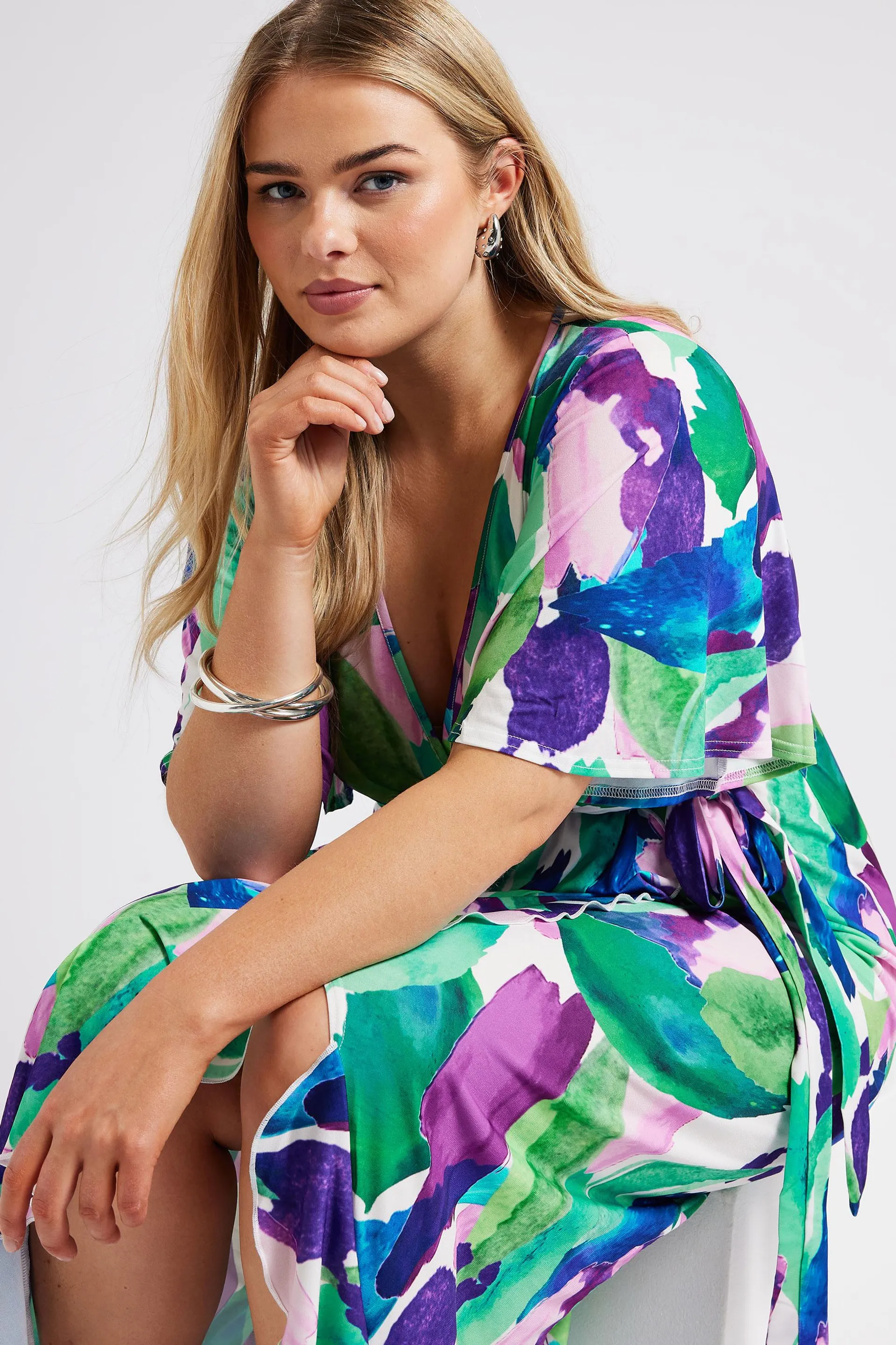 YOURS LONDON Curve Green Abstract Floral Print Wrap Dress