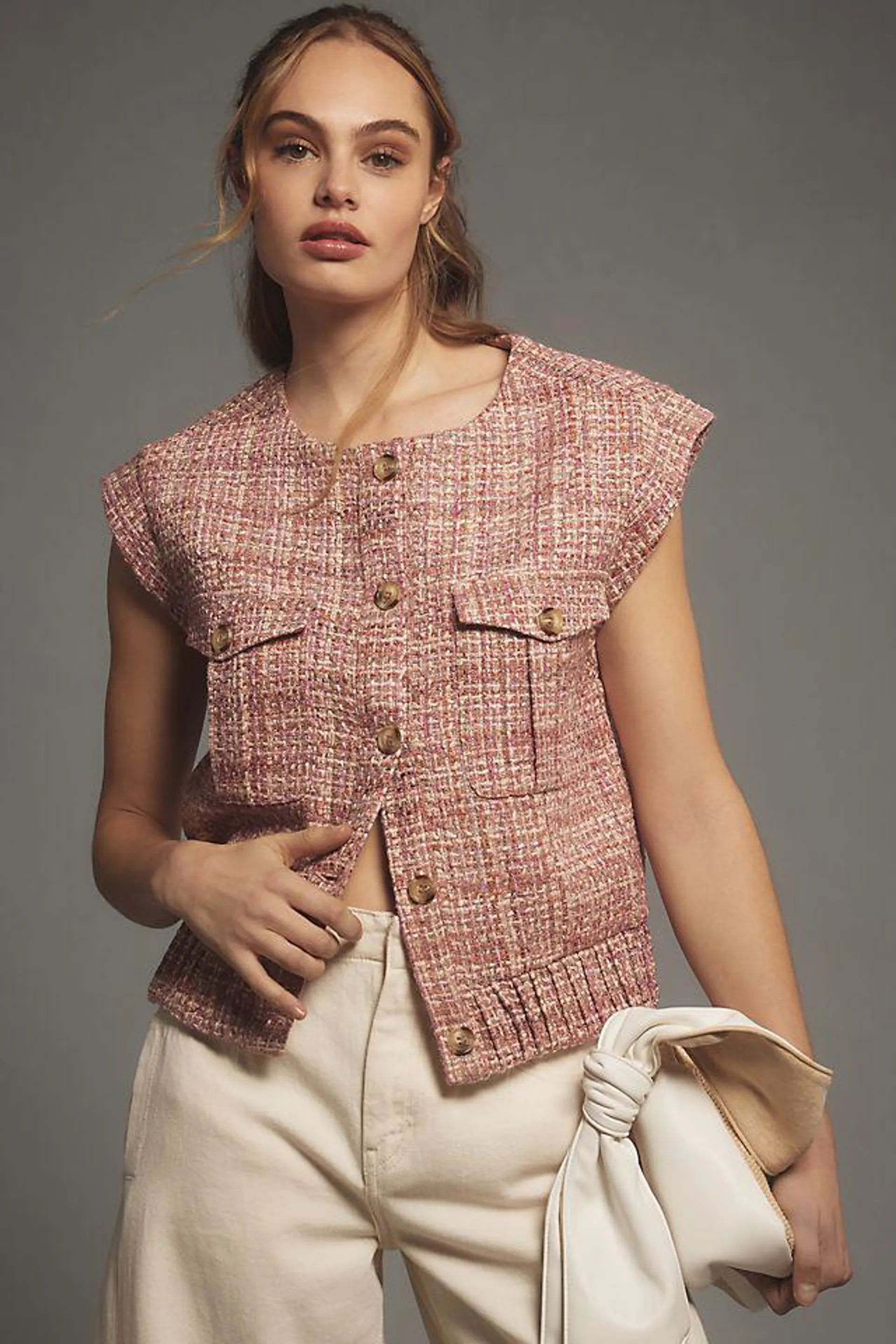 Maeve Extended Shoulder Button-Front Tweed Vest