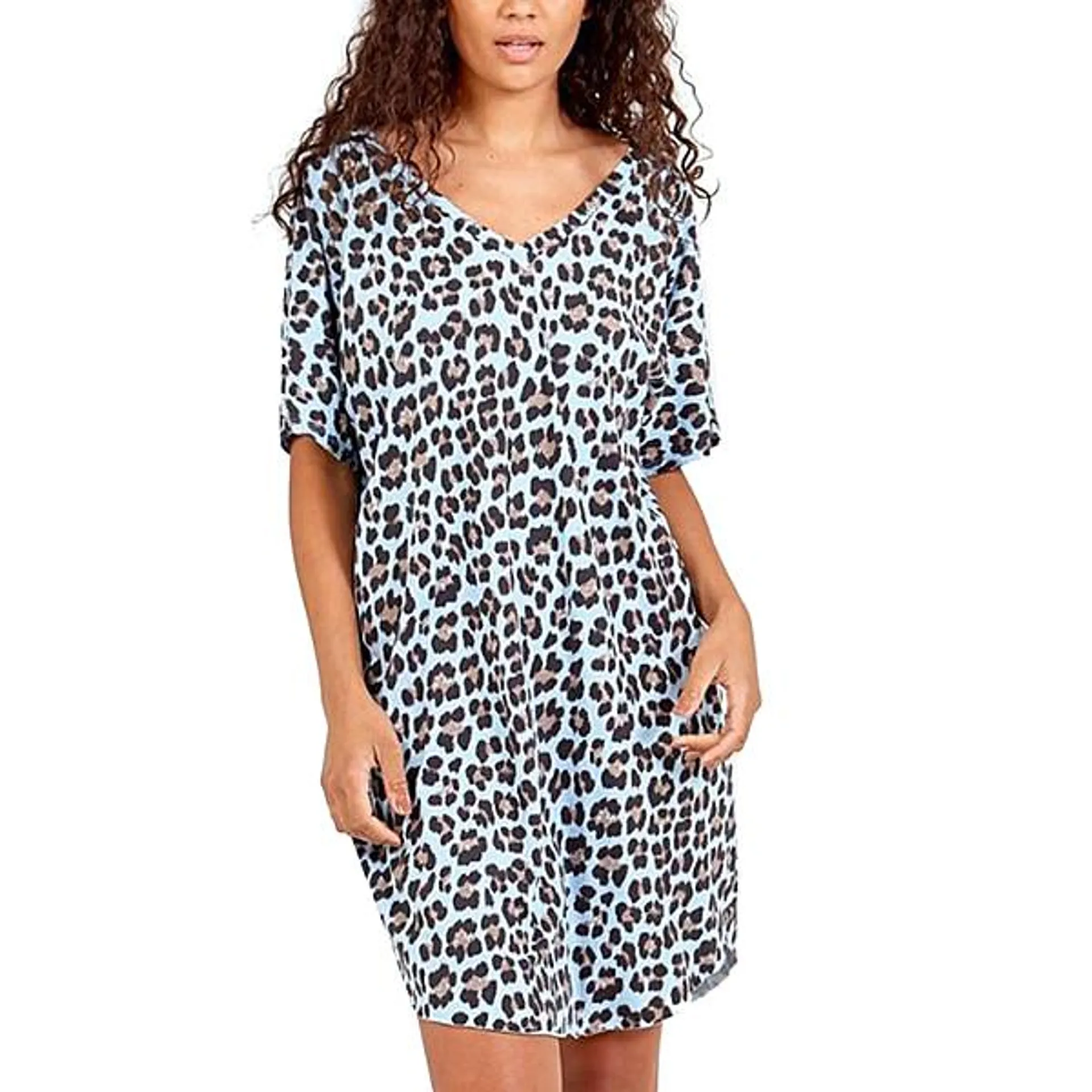 Nova Of London Leopard Print V-Neck Oversized Dress in Blue