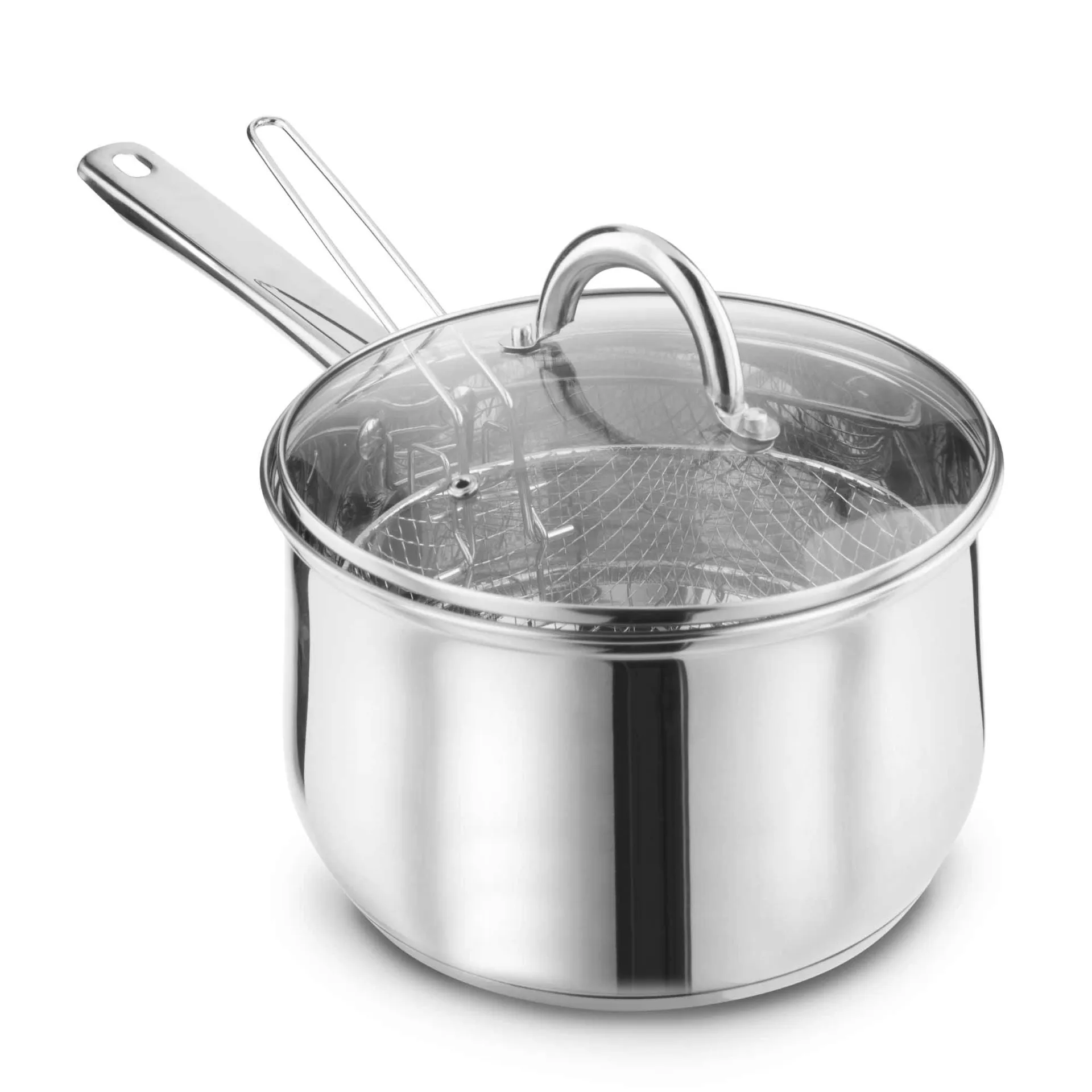 Lewis's Stainless Steel Chip Pan 22cm with 20cm Basket and Lid - Silver